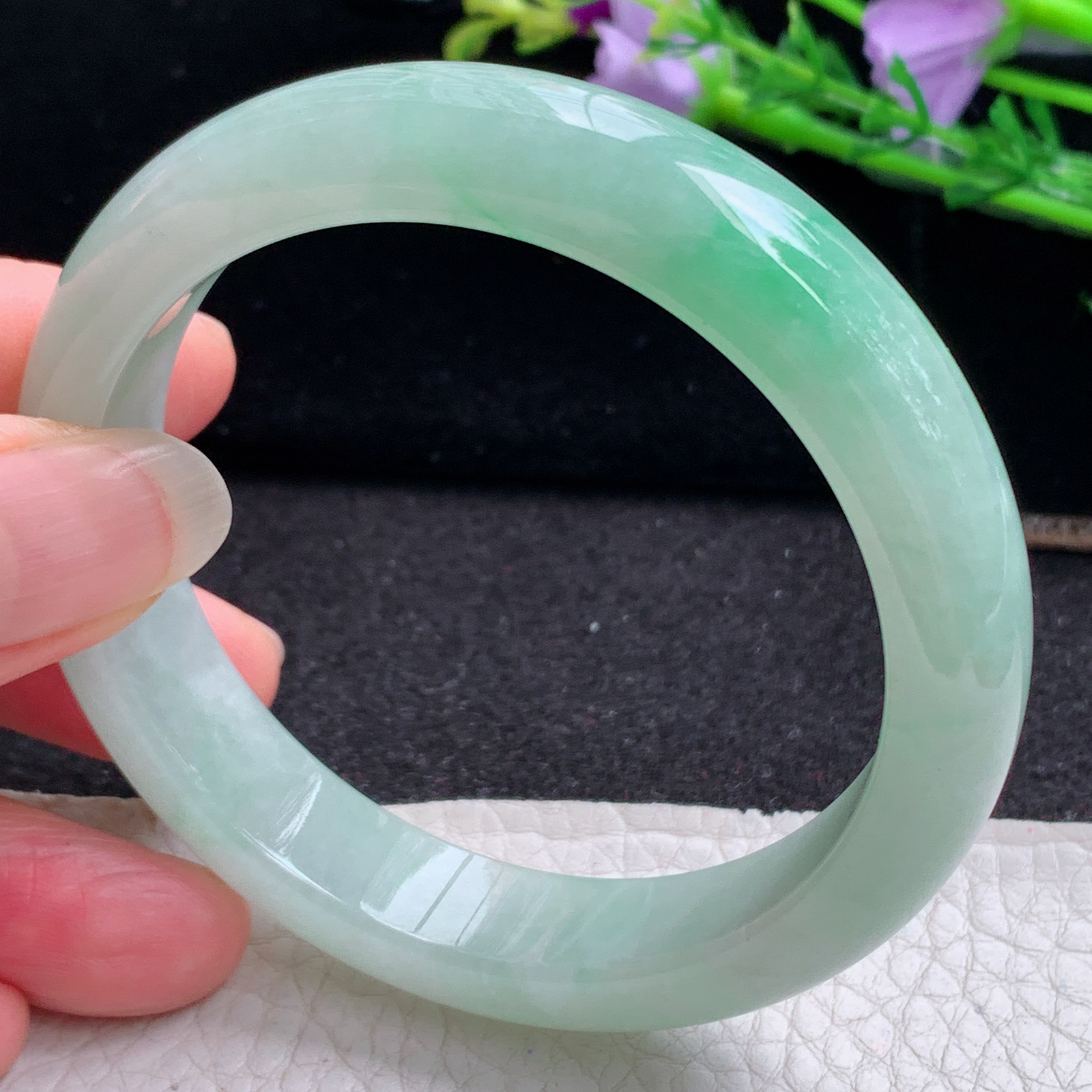 z清新款57*12.3*8平安镯 天然缅甸翡翠A货玉手镯冰绿正圈玉手环