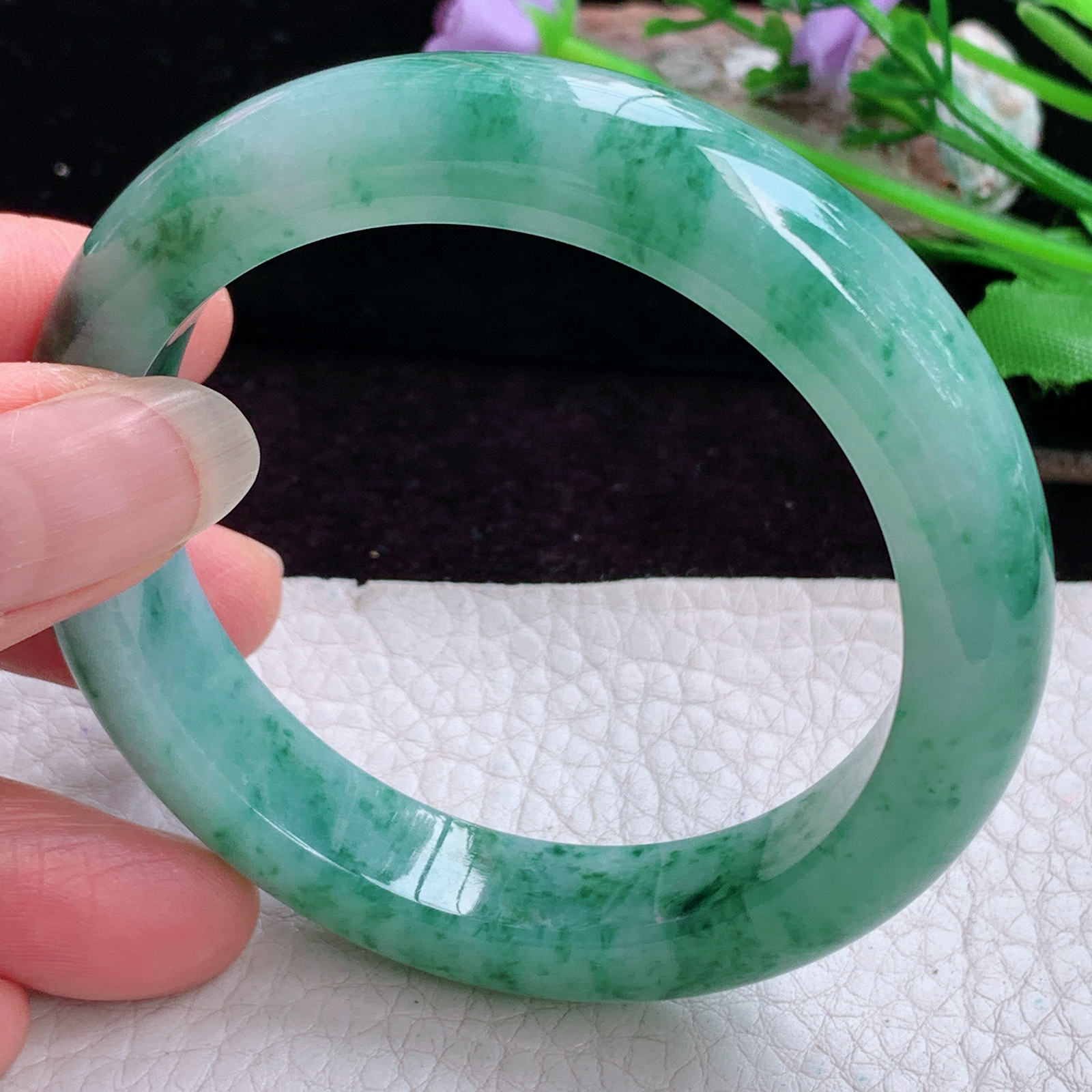 pj实拍54*12*8.5平安镯 天然缅甸翡翠手镯飘花正圈玉镯子