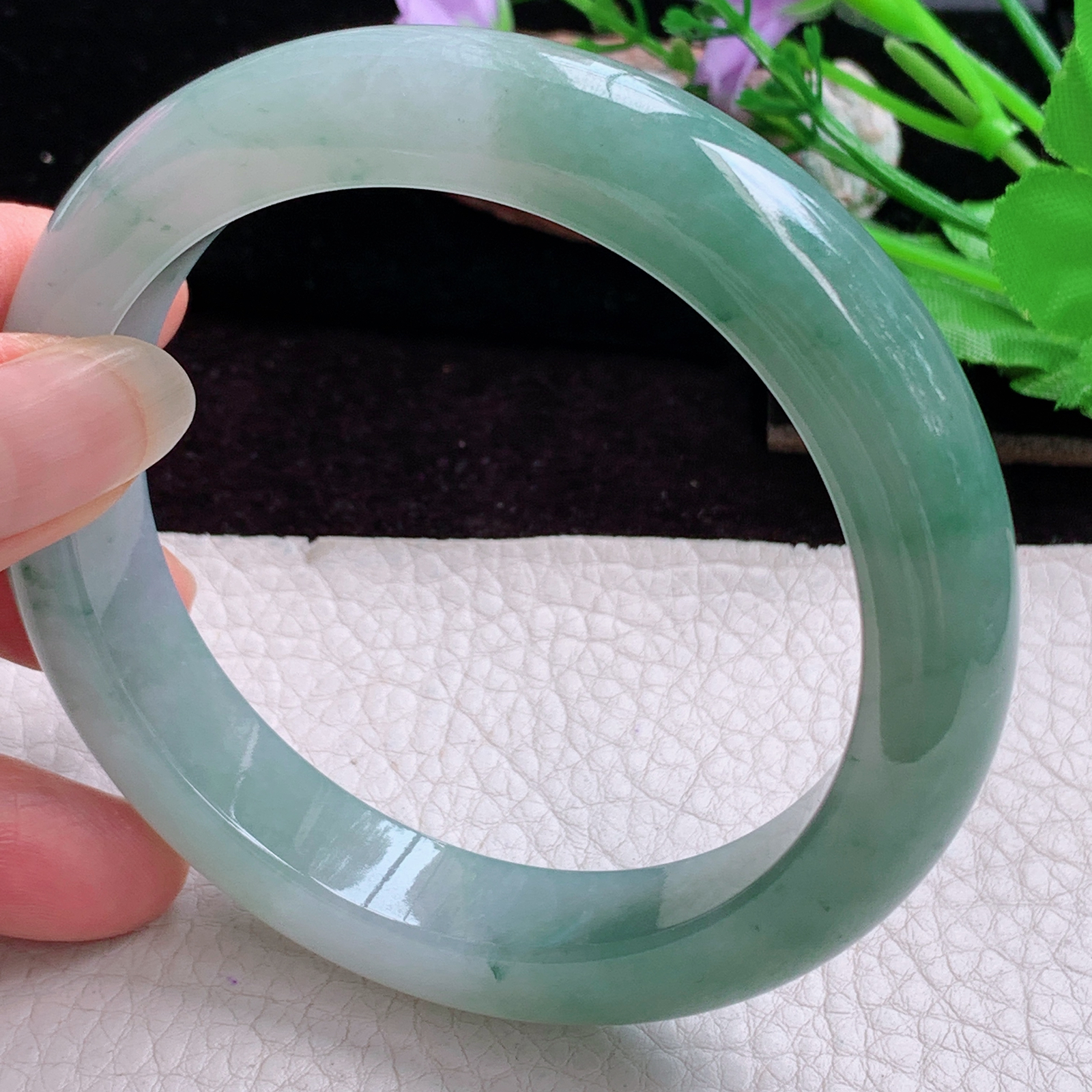 xc大圈口63.8*13*10招财镯 天然缅甸翡翠手镯冰胶半山水正圈玉镯子