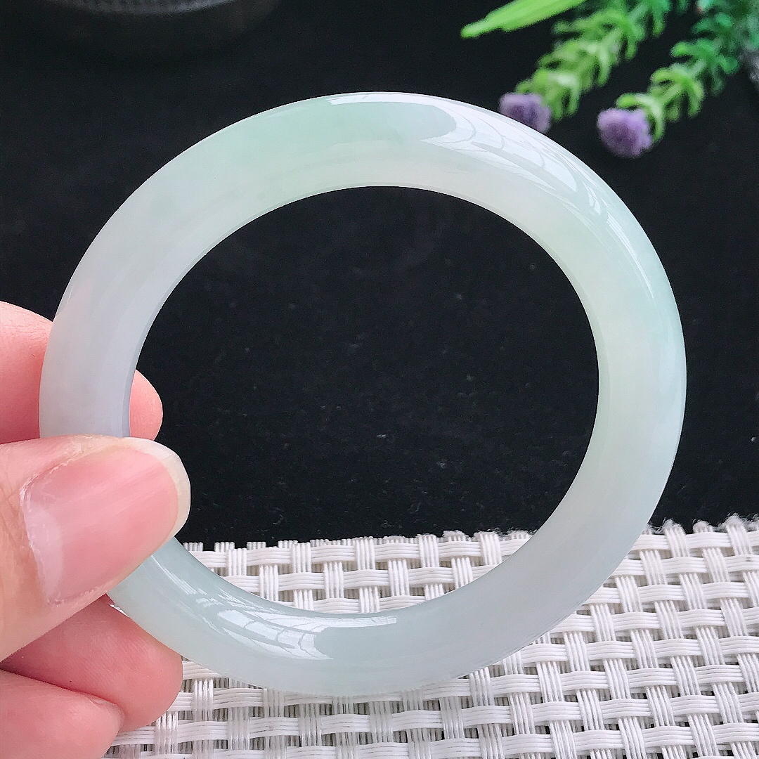 实拍A货翡翠52.2/9.5老坑冰胶果冻冰纯晴底圆条手镯翡翠玉镯手环
