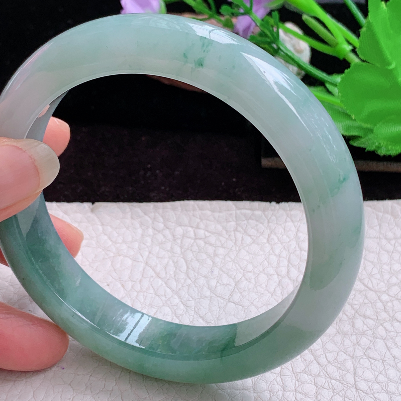 xc大圈口63.8*13*10招财镯 天然缅甸翡翠手镯冰胶半山水正圈玉镯子