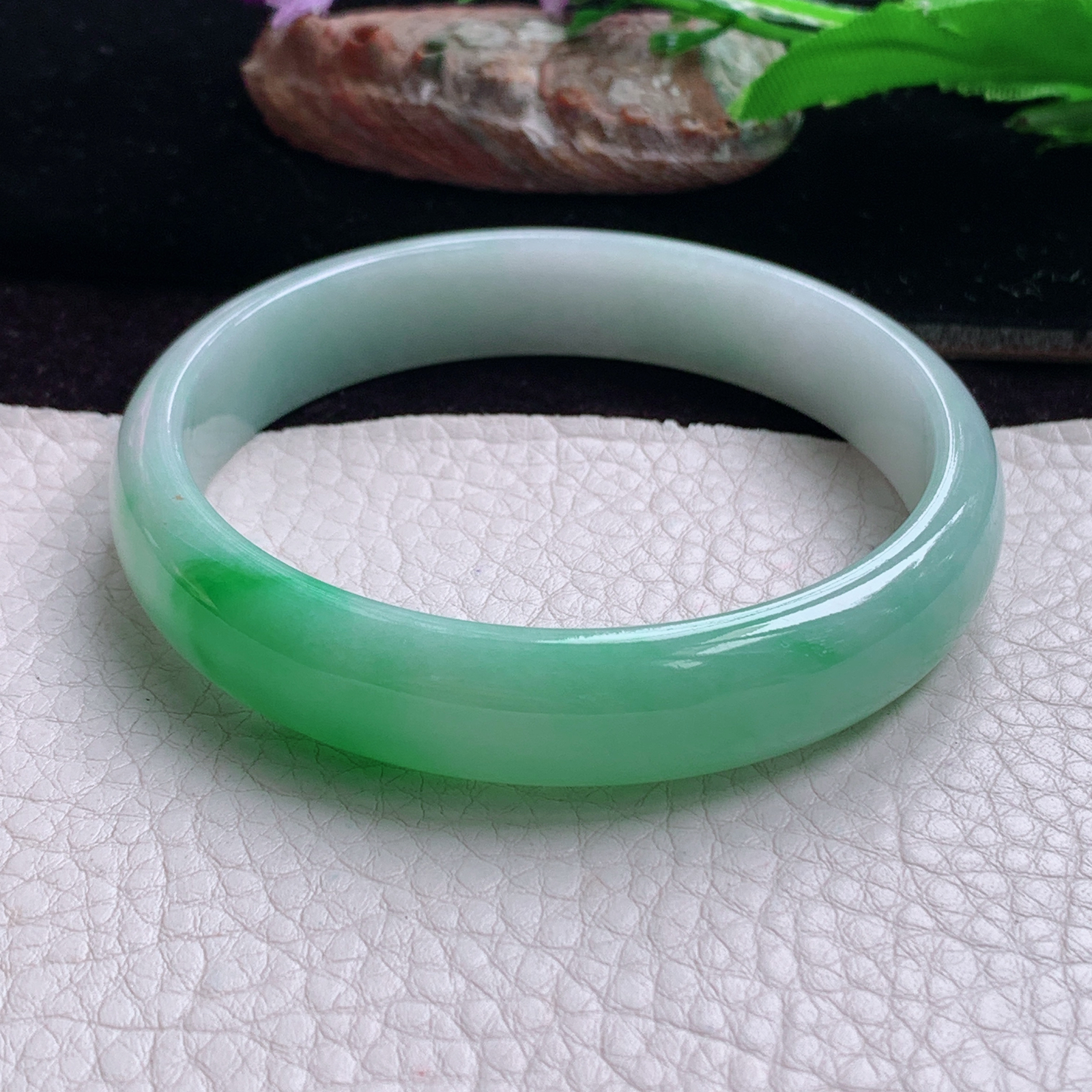 hy大圈口61.5*13*6.3平安镯 天然缅甸翡翠手镯胶感飘阳绿正圈玉镯子