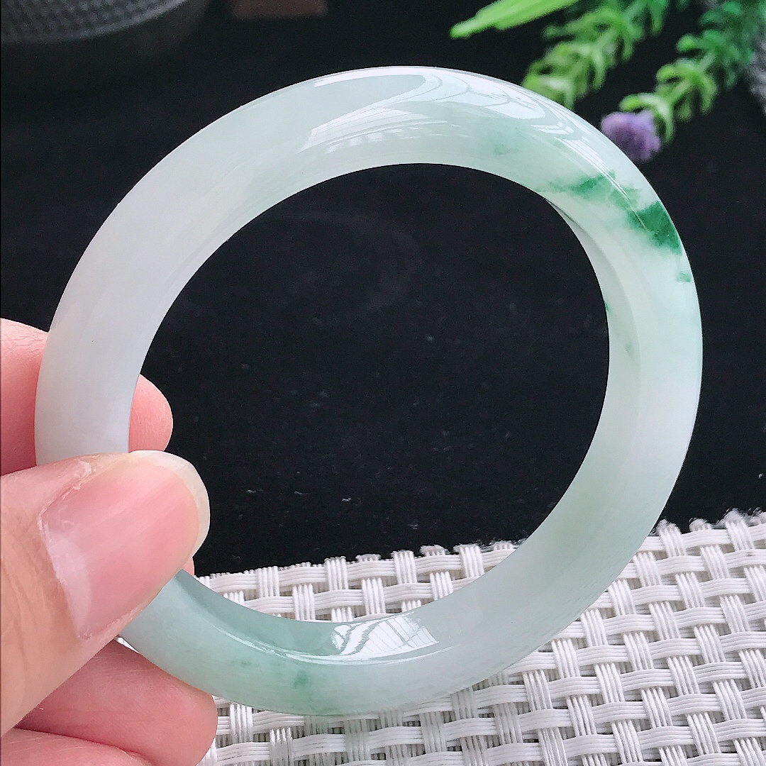 实拍A货翡翠54/9.4/8.8老坑冰胶果冻冰飘花手镯翡翠玉镯手环