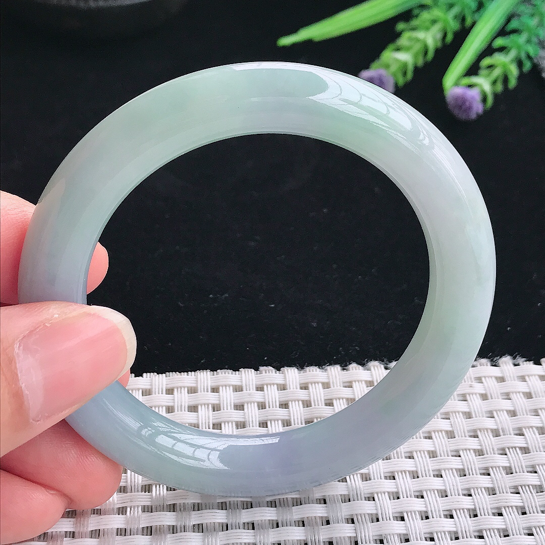 实拍A货翡翠53.5/10.1/10老坑冰胶果冻紫罗兰圆条手镯翡翠玉镯手环