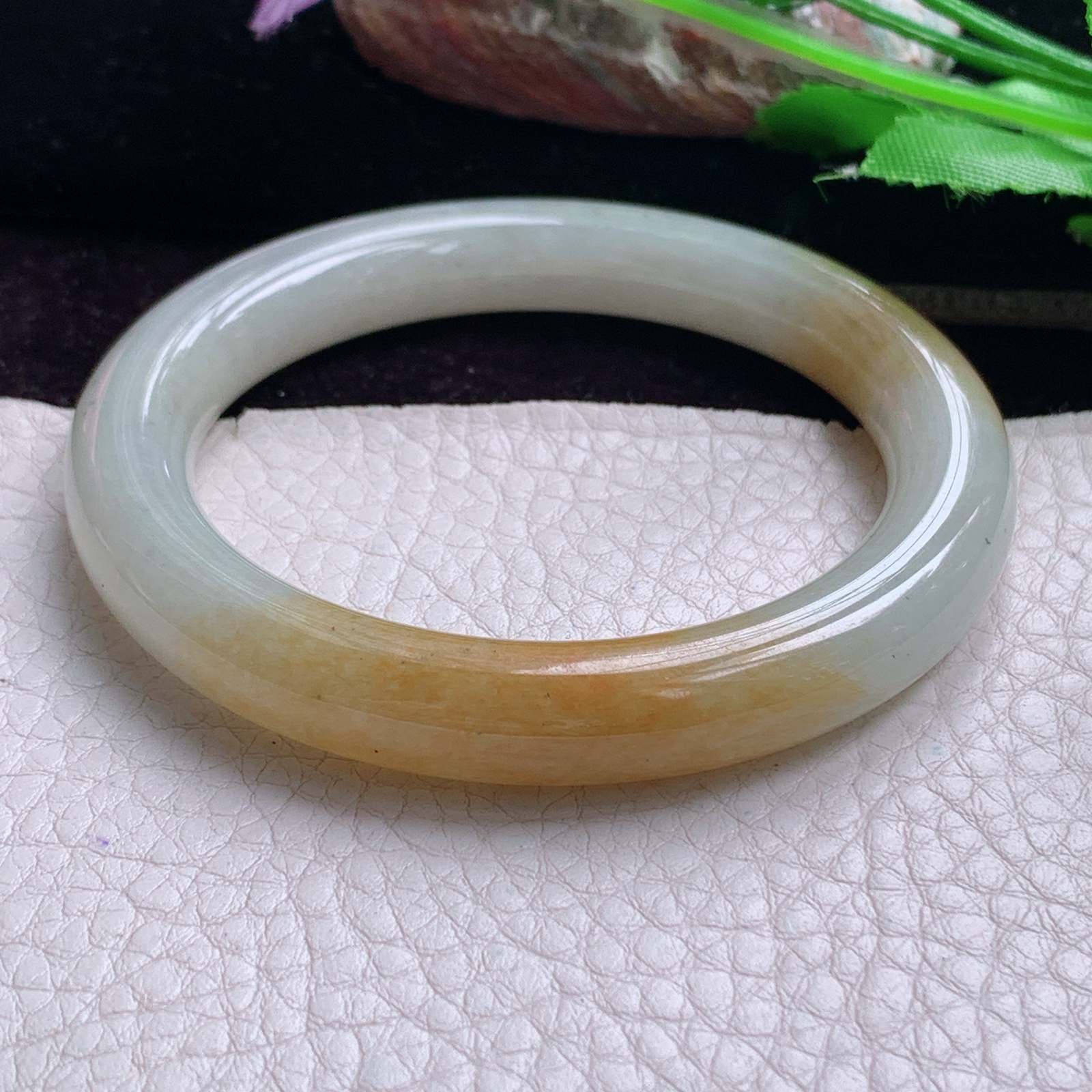 mq小圈口53*9.5美人镯 天然缅甸翡翠手镯双彩圆条正圈玉镯子