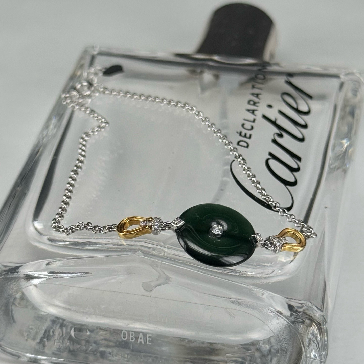 精品18k墨翠平安扣手链 种好色正 黑度极好 打灯通透 油性十足  尺寸13.4