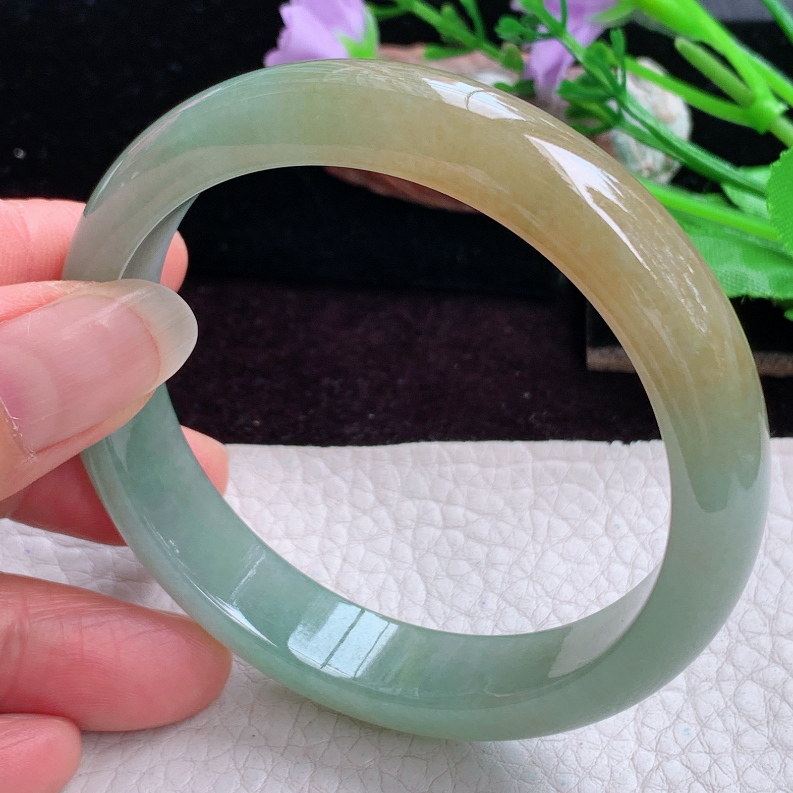 h实拍57.5*12.2*7.3招财镯 特色天然缅甸翡翠手镯冰双彩正圈玉镯子