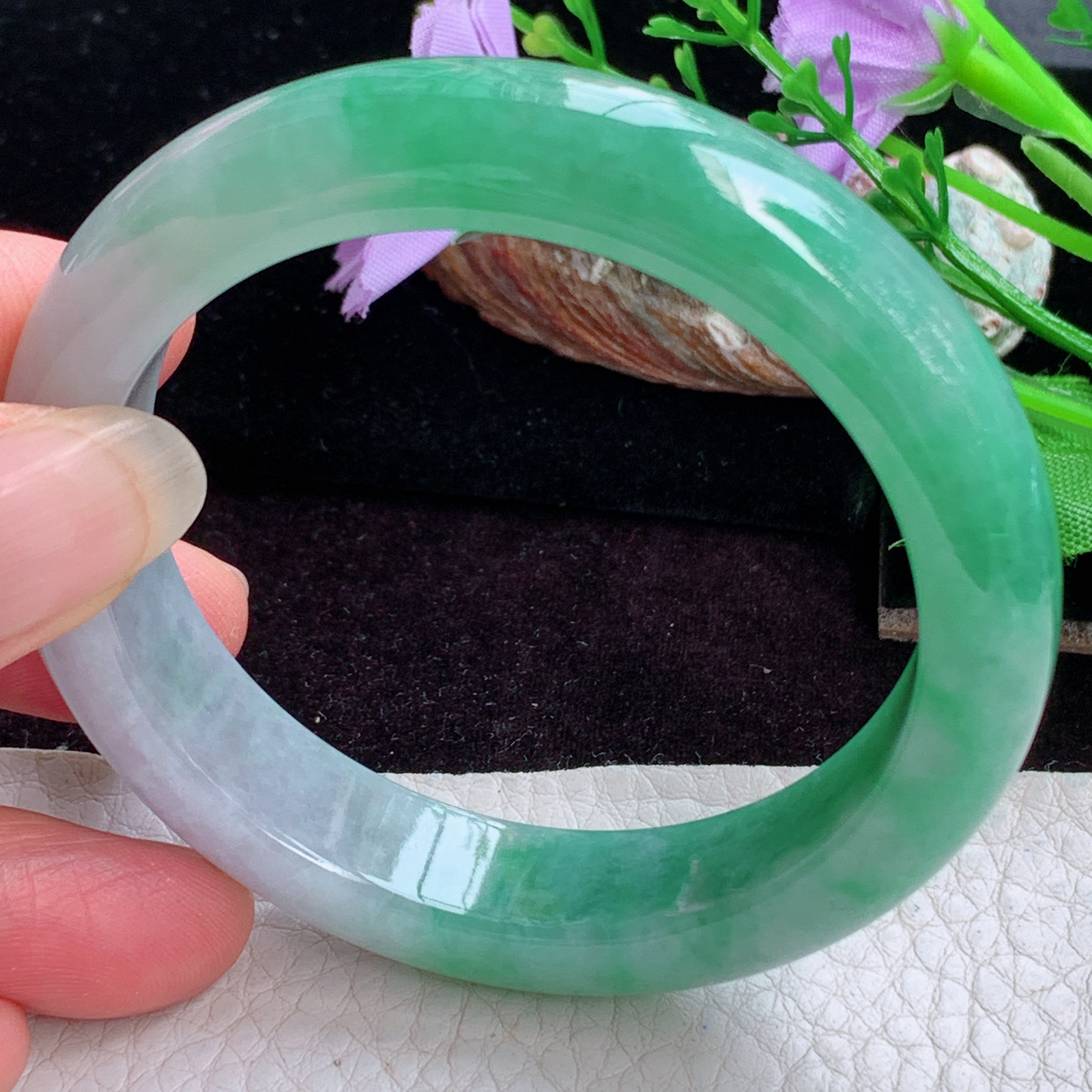 pj实拍54*12.3*8.5招财镯 天然缅甸翡翠手镯胶感辣绿半山水正圈玉镯子