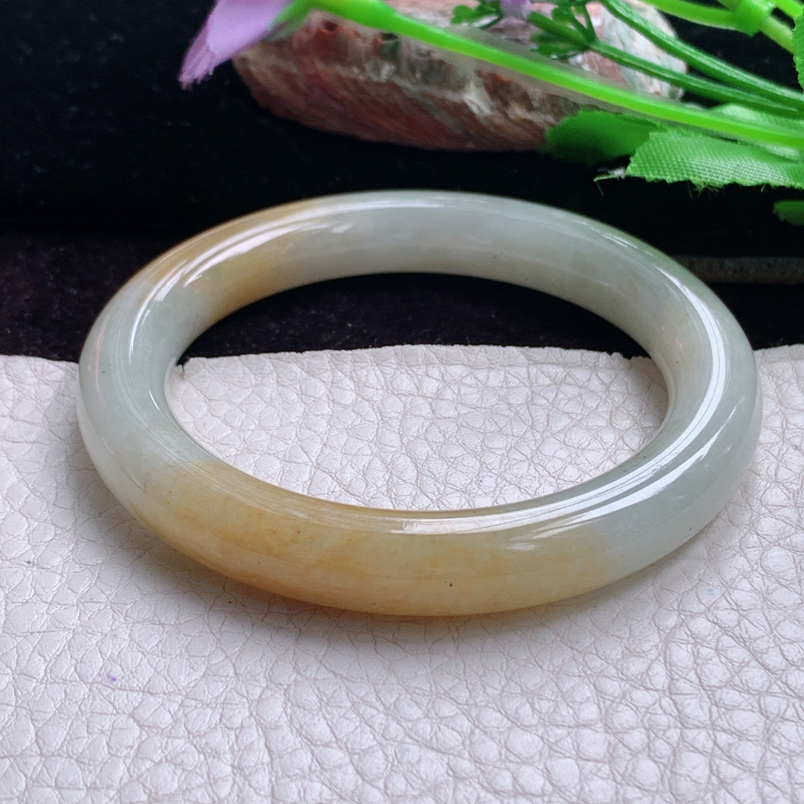 mq小圈口53*9.5美人镯 天然缅甸翡翠手镯双彩圆条正圈玉镯子