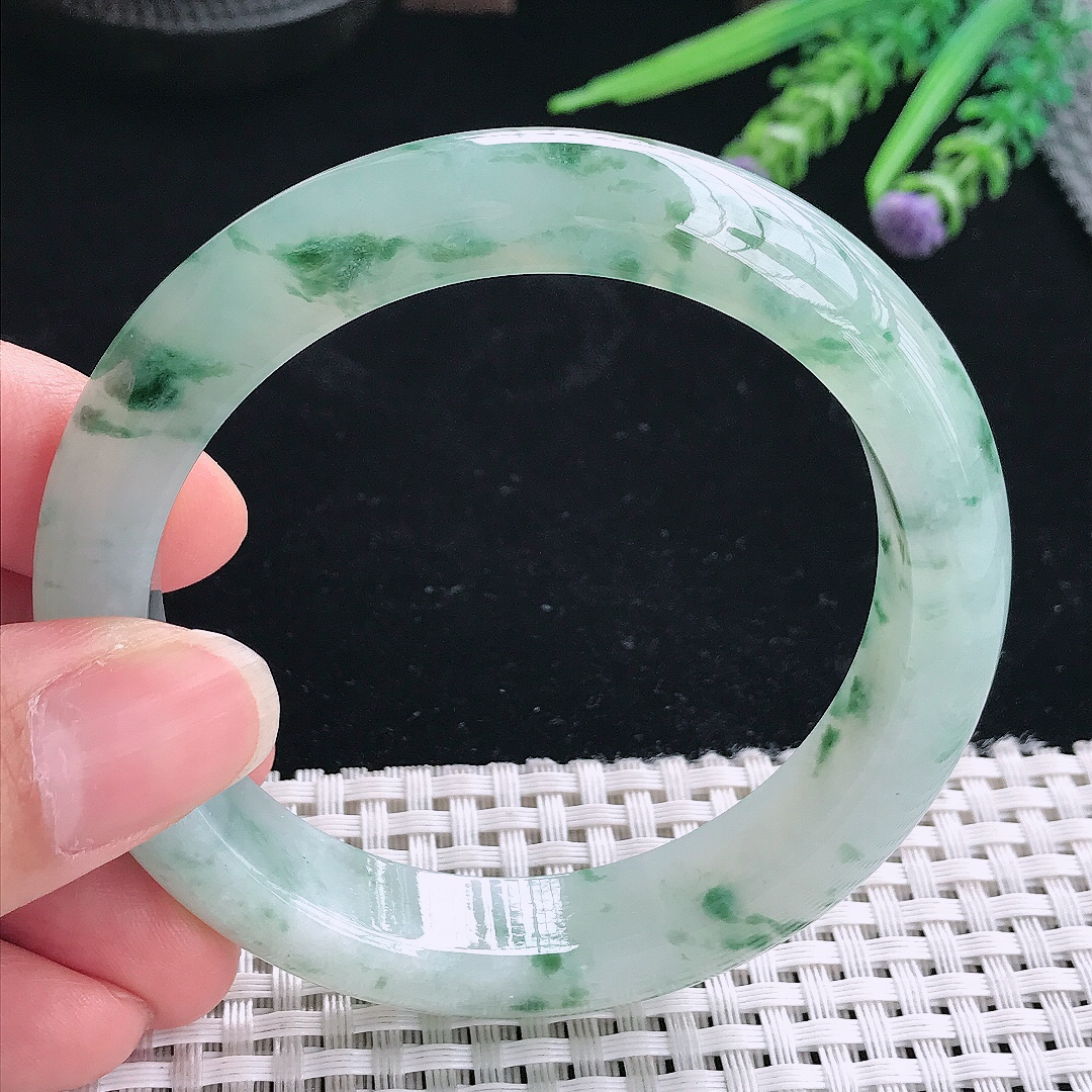 实拍A货翡翠57.9/12.6/9老坑冰胶果冻冰飘花手镯翡翠玉镯手环