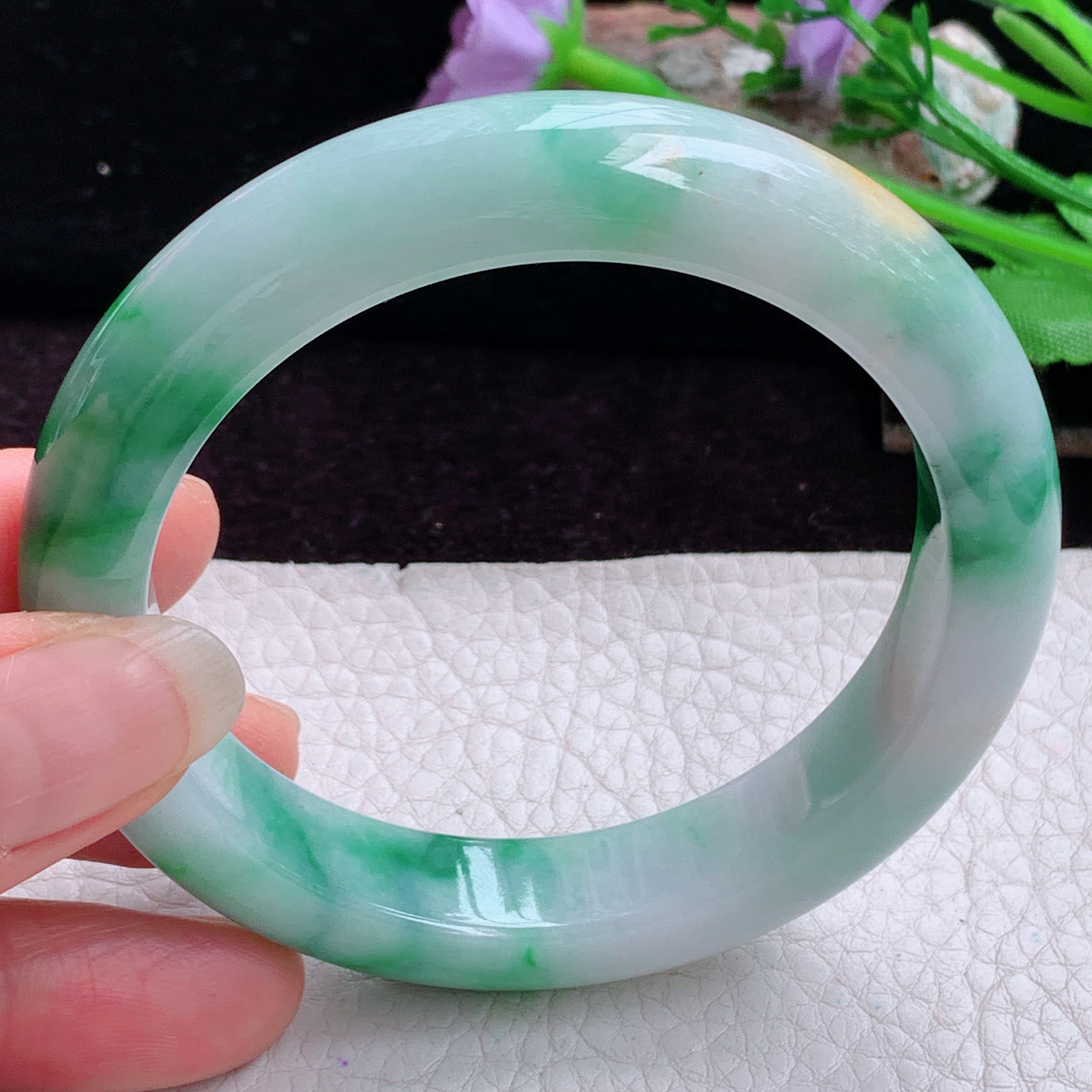 h实拍57*12.5*9.2平安镯 天然缅甸翡翠手镯三彩厚装正圈玉镯子