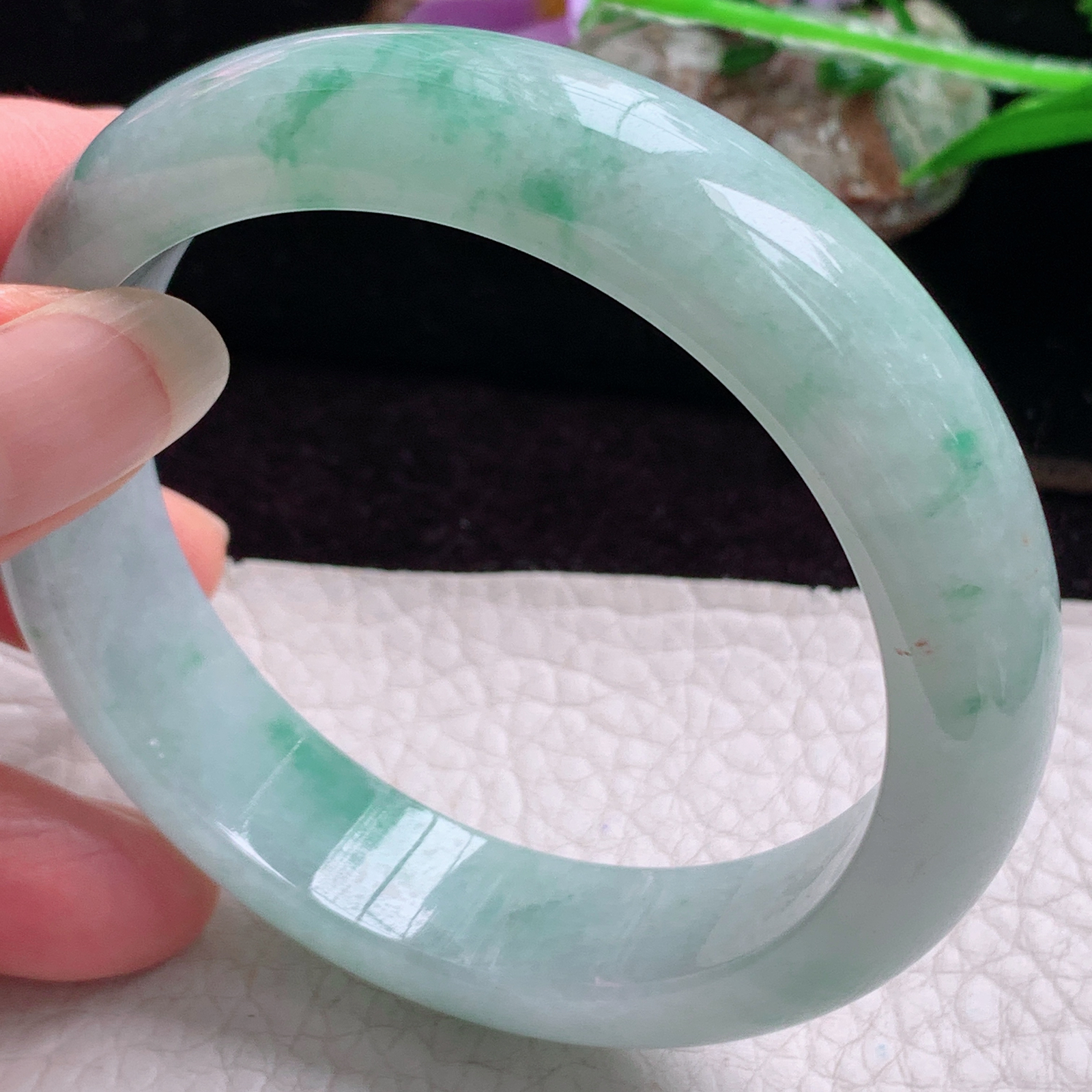 hy实拍57.8*14.5*8.3平安镯 天然缅甸翡翠手镯胶感飘花正圈玉镯子