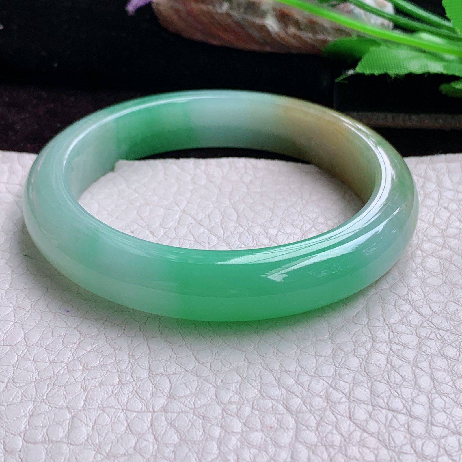 h实拍56*11.6*8.6招财镯 天然缅甸翡翠手镯冰胶三彩正圈玉镯子