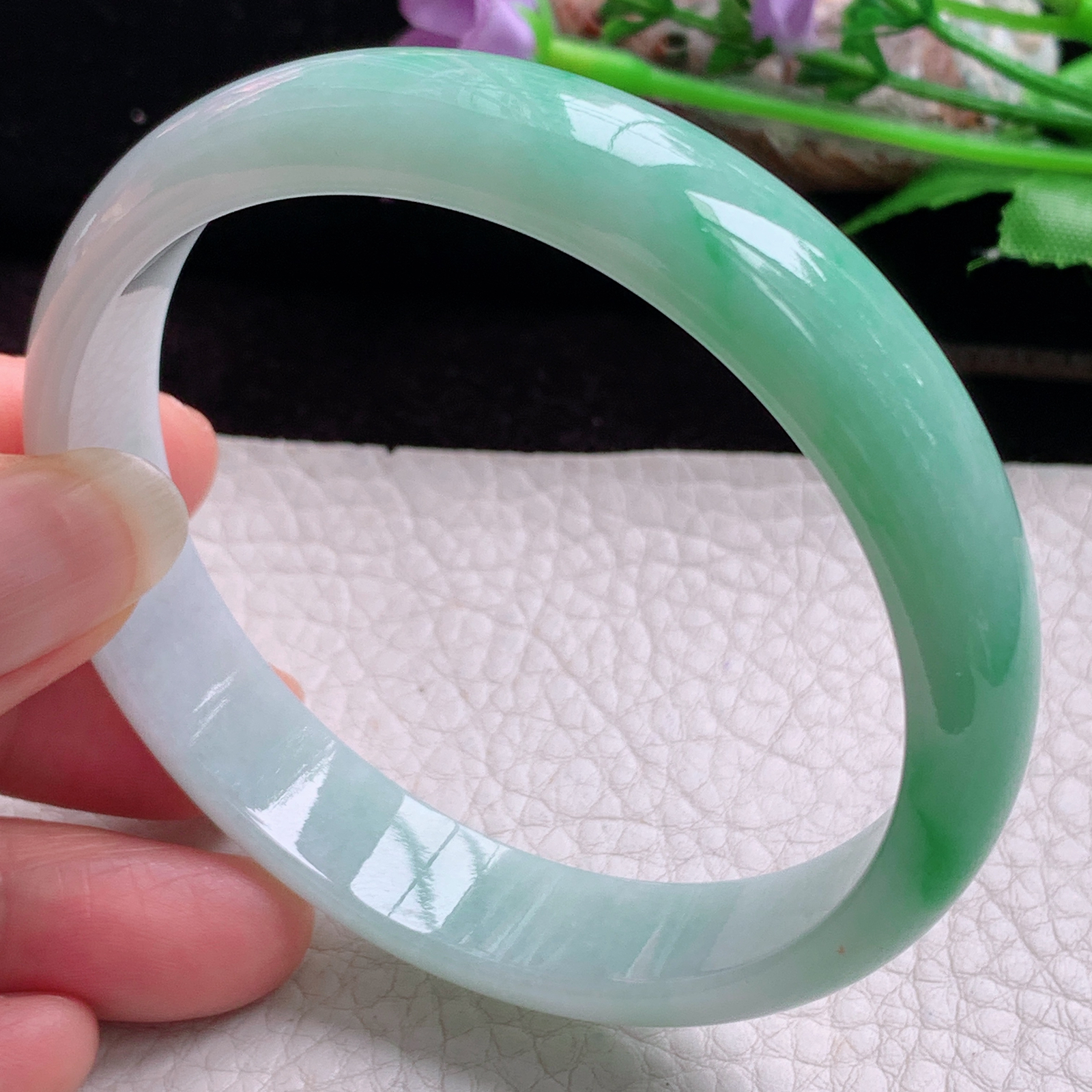 hy大圈口61.5*13*6.3平安镯 天然缅甸翡翠手镯胶感飘阳绿正圈玉镯子