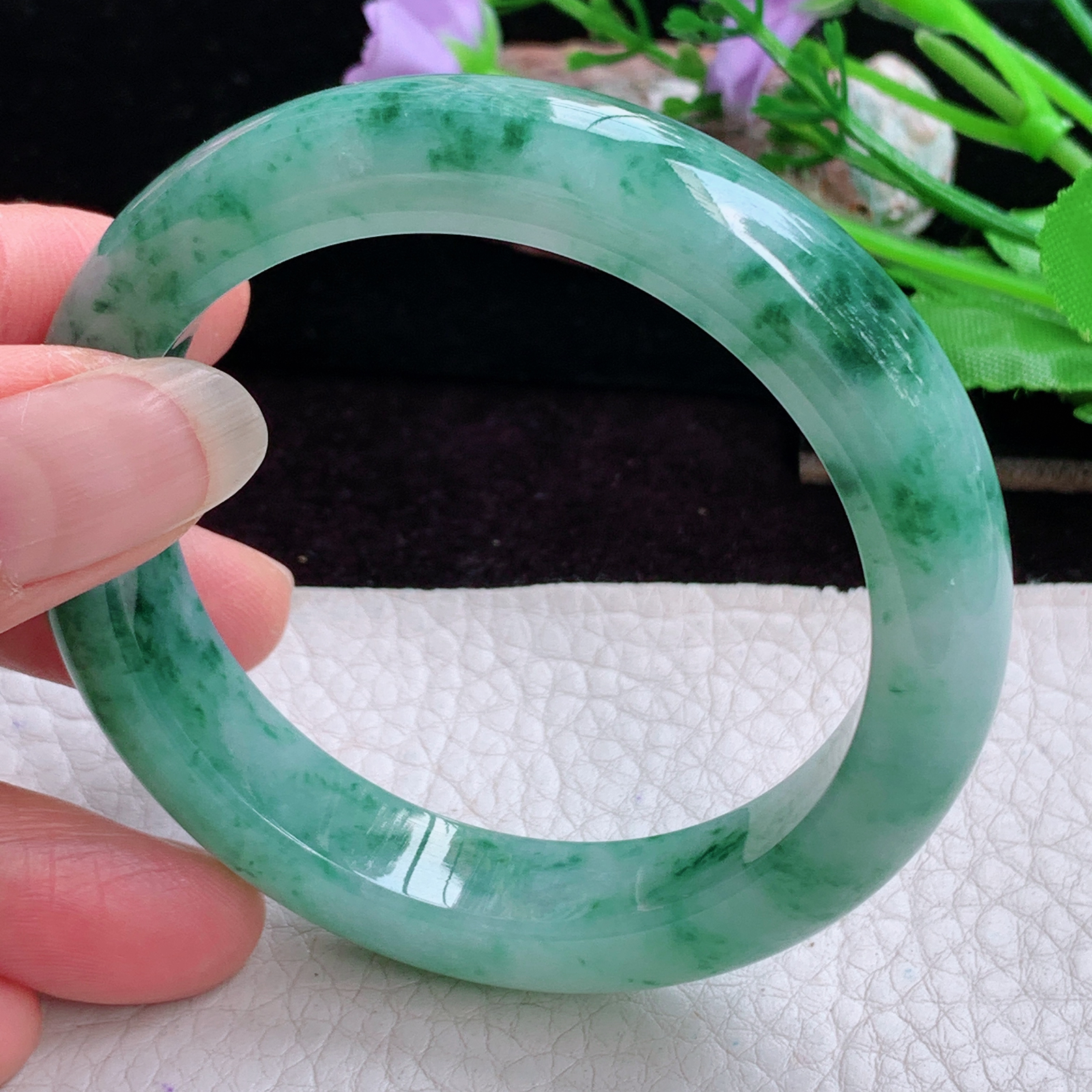 pj实拍54*12*8.5平安镯 天然缅甸翡翠手镯飘花正圈玉镯子