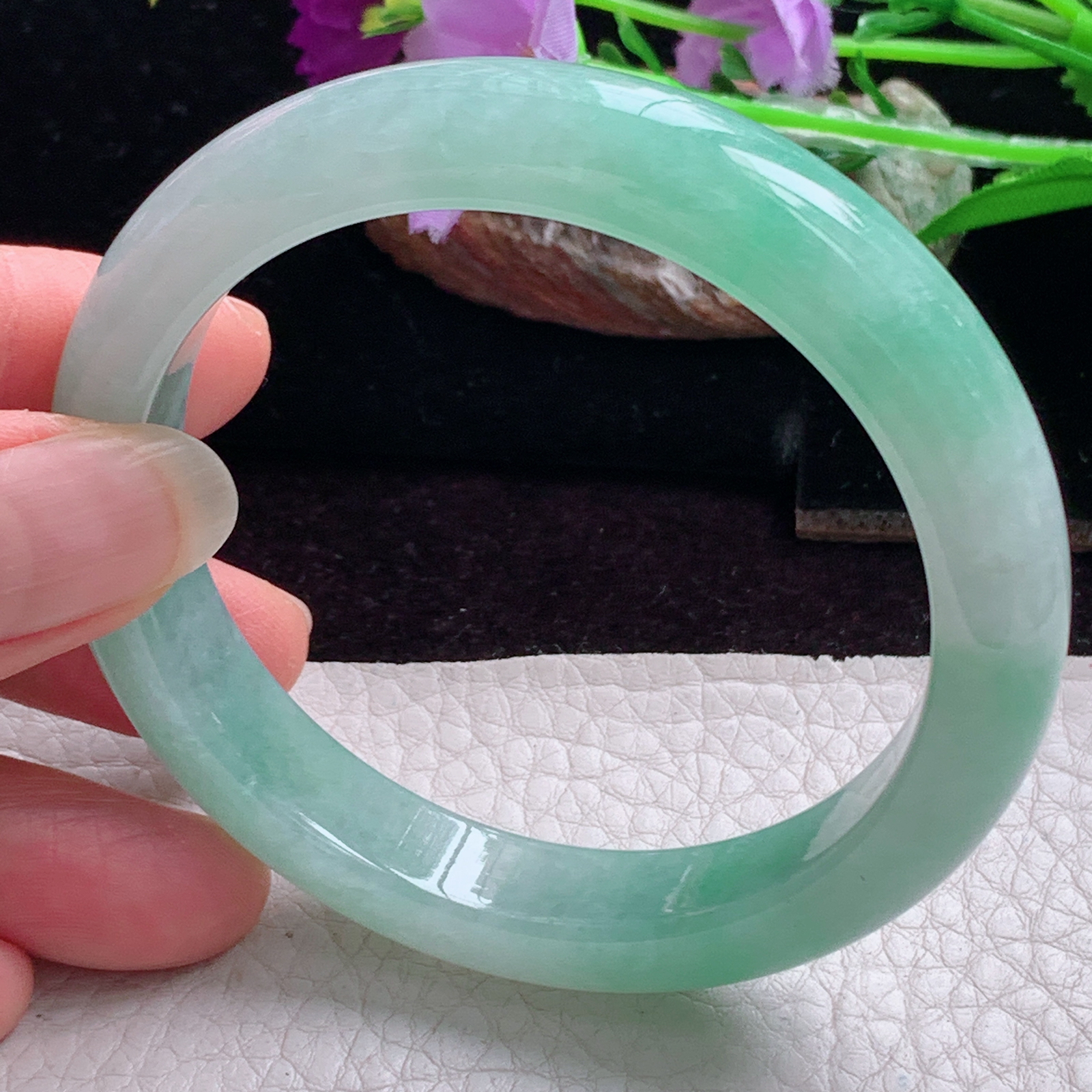 hy实拍57.5*11.3*8平安镯 天然缅甸翡翠手镯冰胶飘花正圈玉镯子