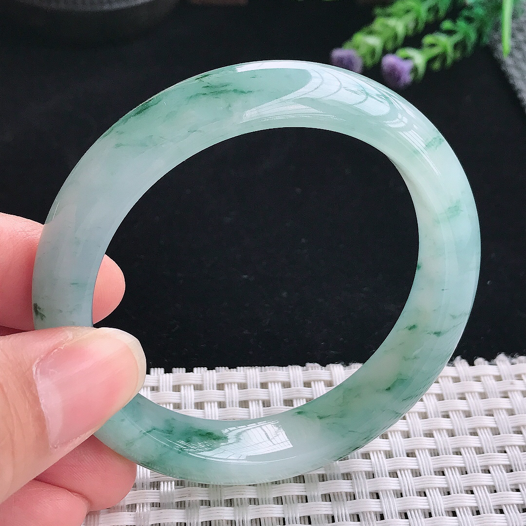 实拍A货翡翠55.5/12.8/8.6老坑精美冰润冰飘花手镯翡翠玉镯手环