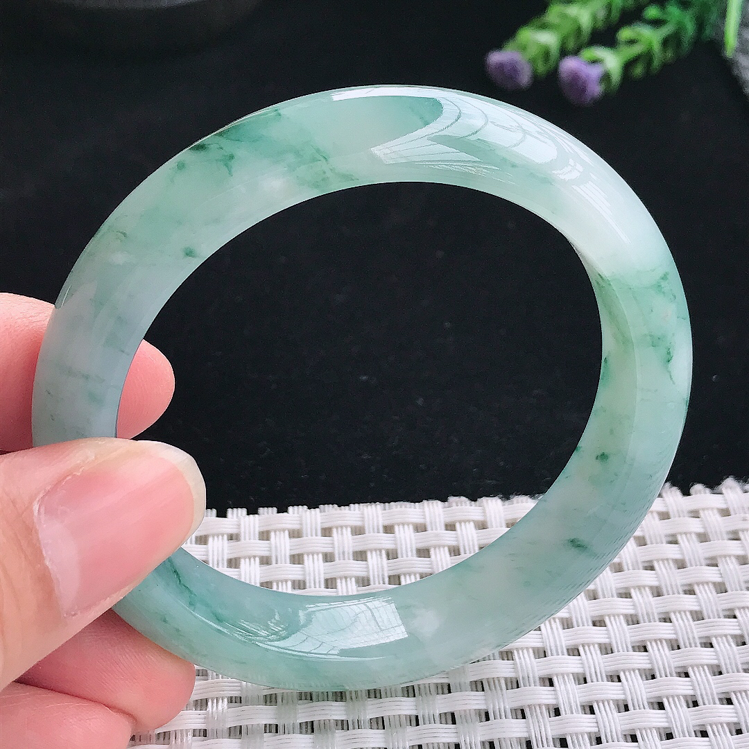 实拍A货翡翠55.5/12.8/8.6老坑精美冰润冰飘花手镯翡翠玉镯手环