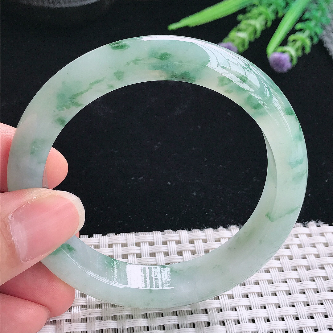 实拍A货翡翠57.9/12.6/9老坑冰胶果冻冰飘花手镯翡翠玉镯手环