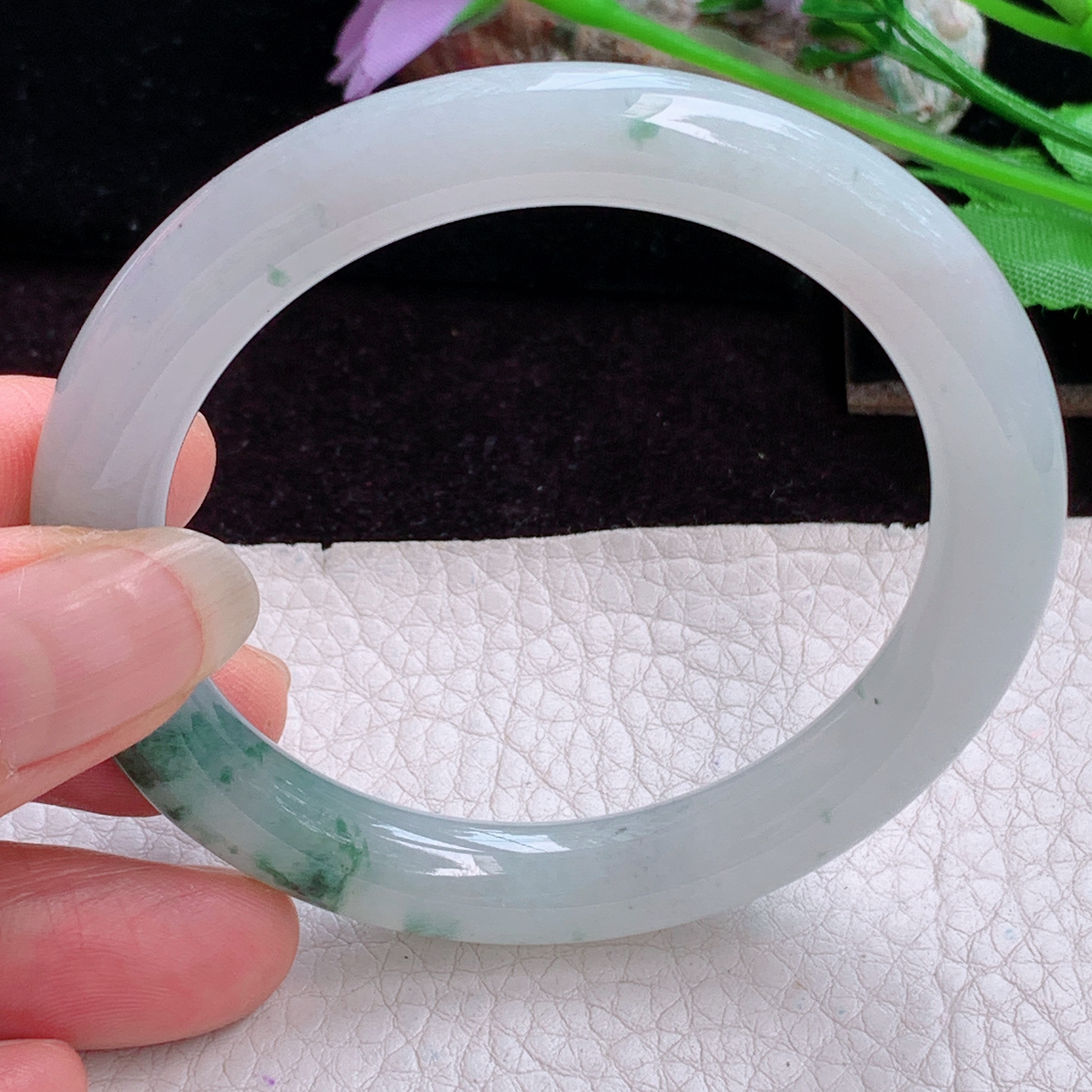 xc小圈口53.3*9招财镯 天然缅甸翡翠手镯冰飘花圆条玉镯子 叮当镯