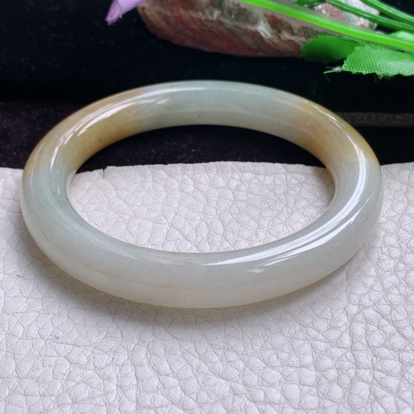 mq小圈口53*9.5美人镯 天然缅甸翡翠手镯双彩圆条正圈玉镯子