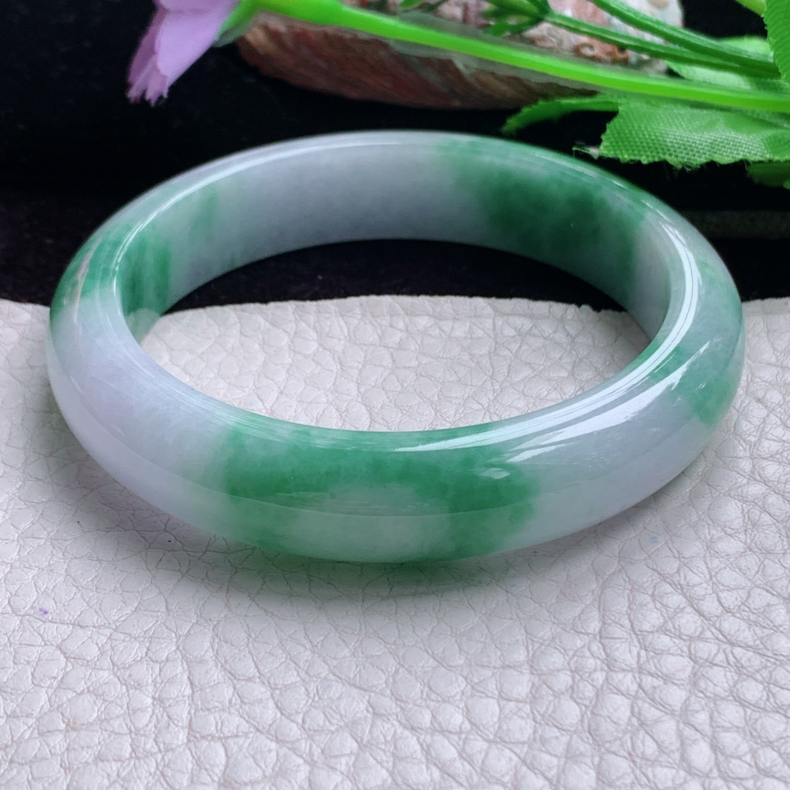 hy实拍56*13*8平安镯 天然缅甸翡翠手镯胶感飘花正圈玉镯子