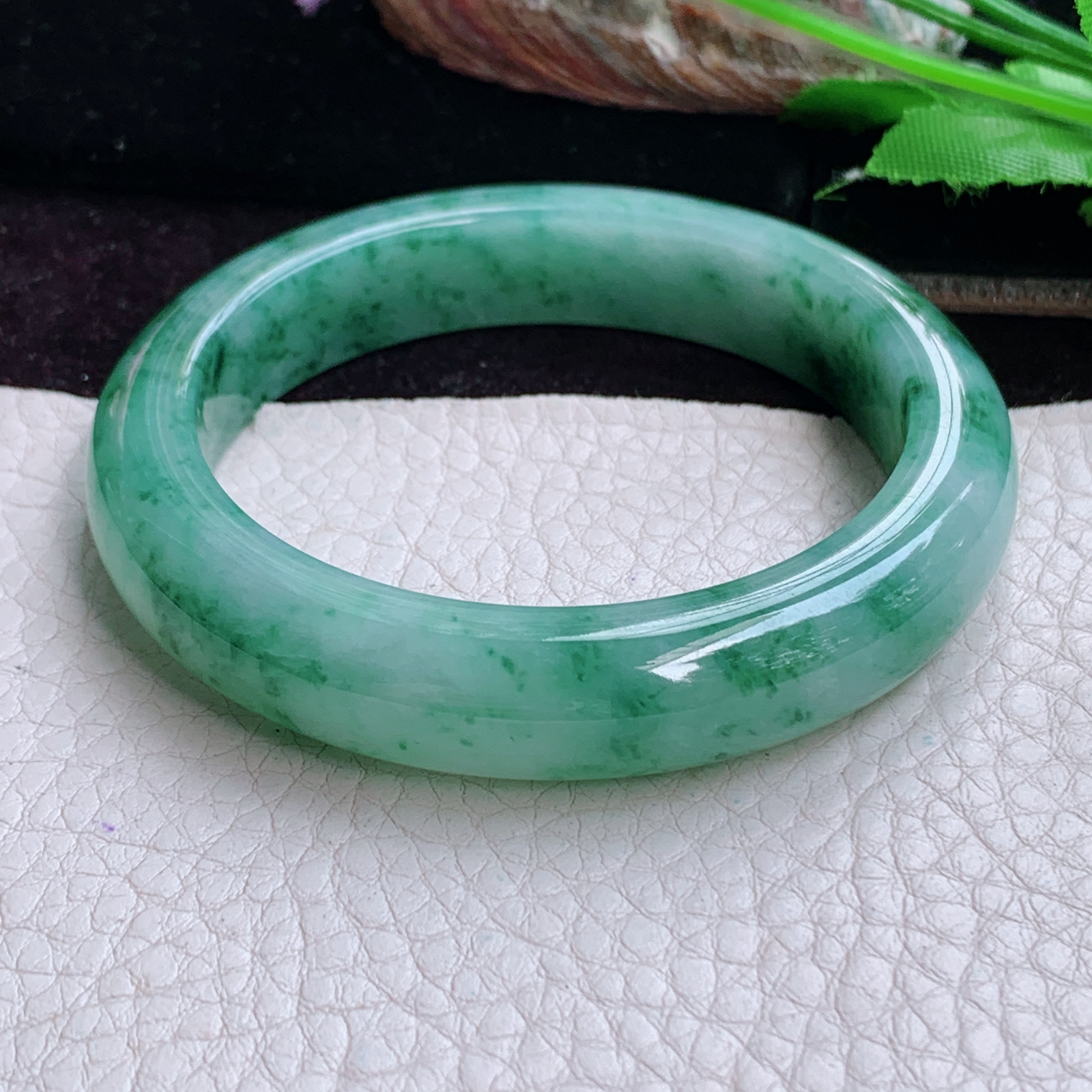 pj实拍54*12*8.5平安镯 天然缅甸翡翠手镯飘花正圈玉镯子