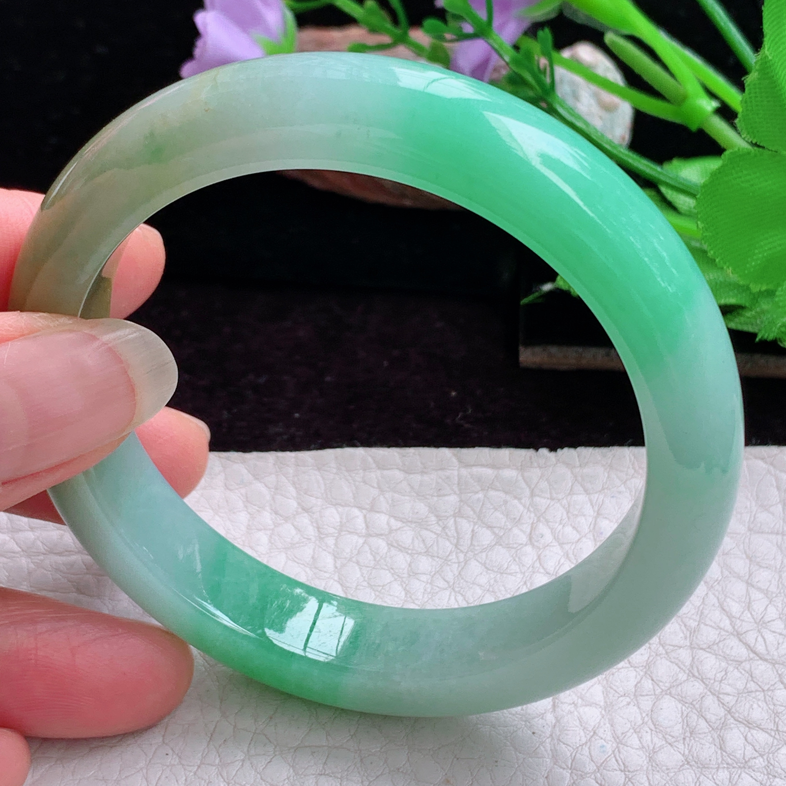 h实拍56*11.6*8.6招财镯 天然缅甸翡翠手镯冰胶三彩正圈玉镯子