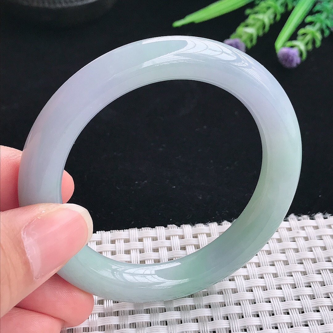 实拍A货翡翠53.5/10.1/10老坑冰胶果冻紫罗兰圆条手镯翡翠玉镯手环