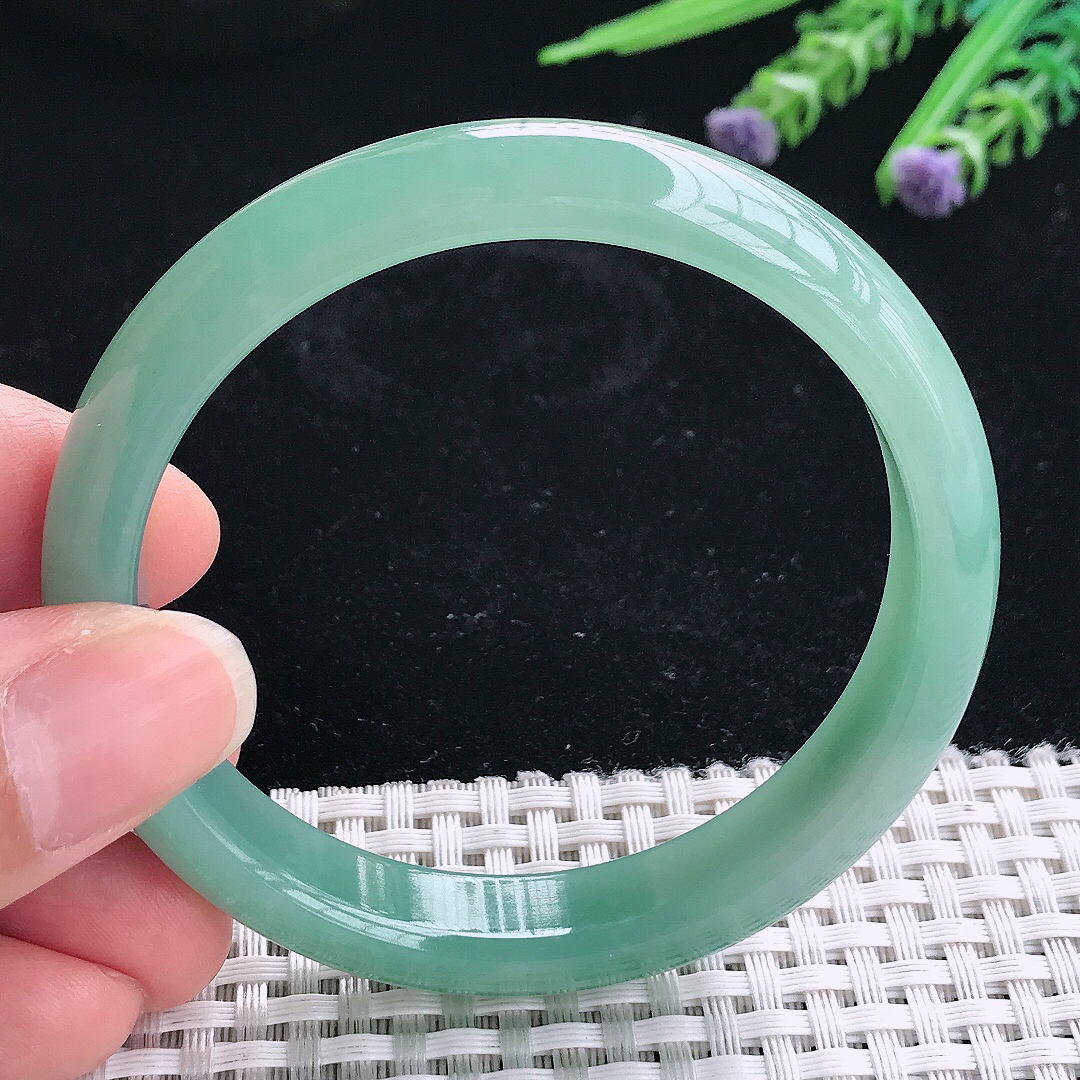 实拍A货翡翠57/11.4/7.2老坑冰润满色油绿手镯翡翠玉镯手环