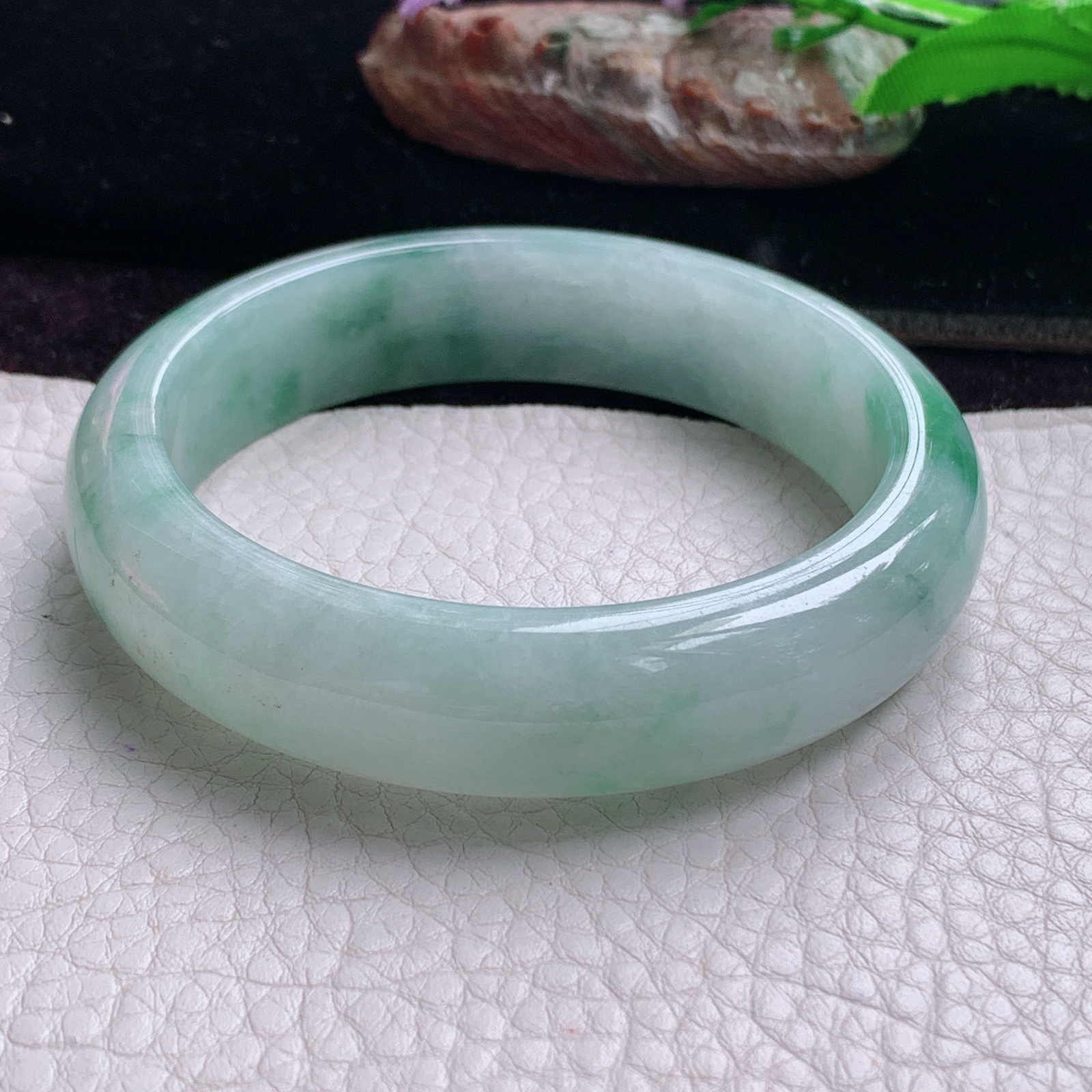 hy实拍57.8*14.5*8.3平安镯 天然缅甸翡翠手镯胶感飘花正圈玉镯子