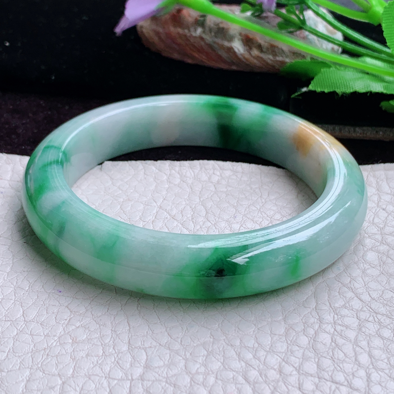 h实拍57*12.5*9.2平安镯 天然缅甸翡翠手镯三彩厚装正圈玉镯子