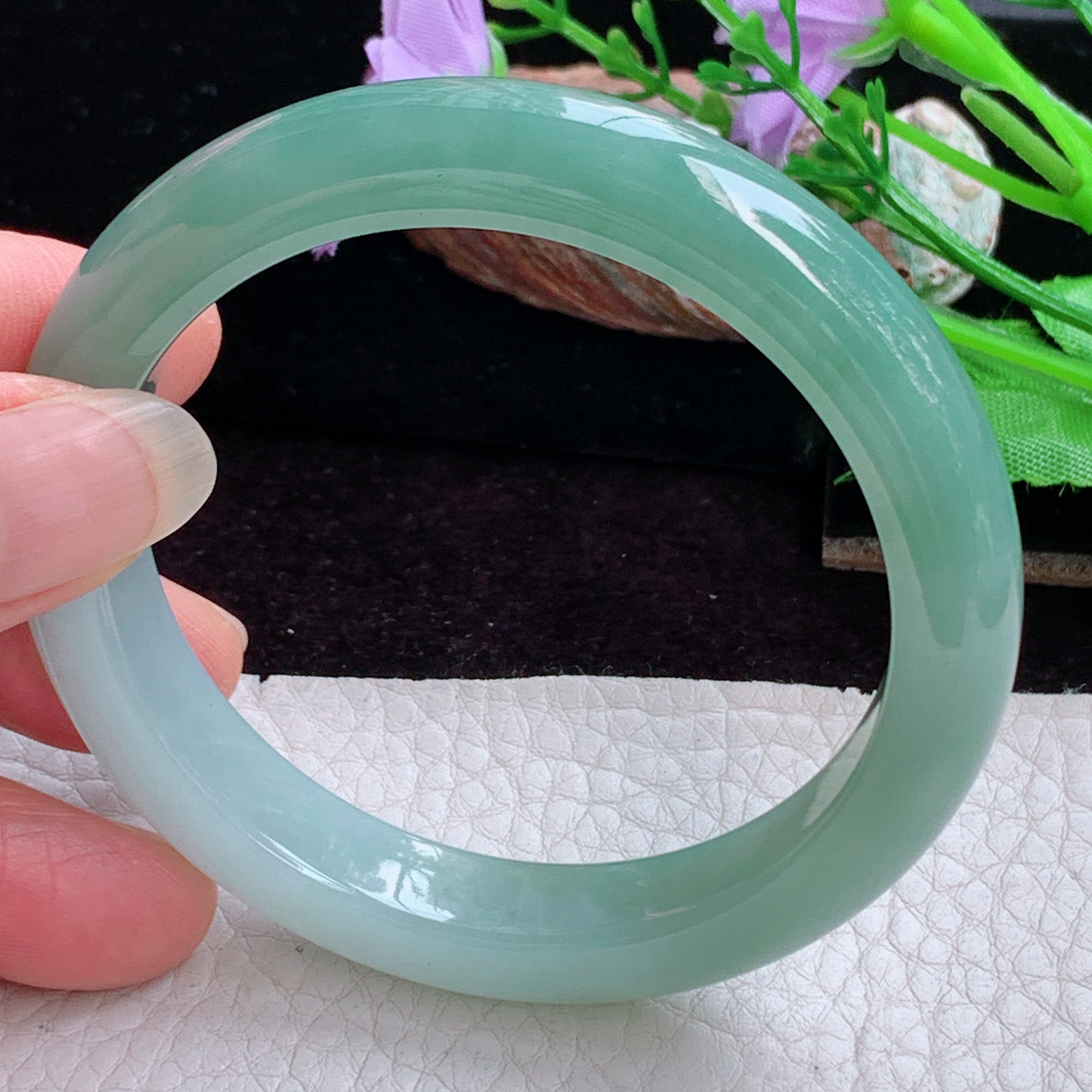 js实拍55*10.8*8.3招财镯 天然缅甸翡翠手镯半山水双彩正圈玉镯子