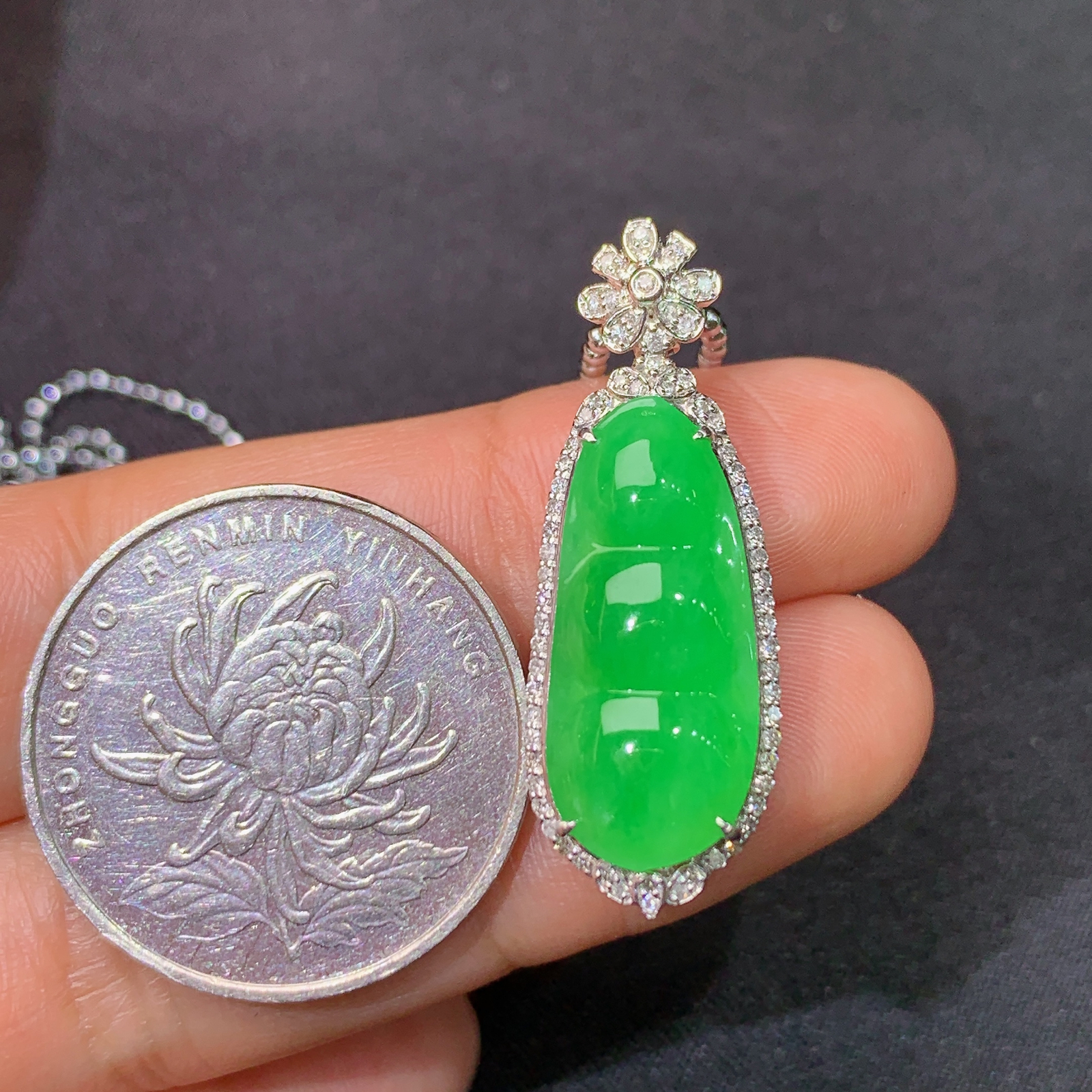 冰阳绿福豆吊坠，18k金镶嵌，冰润色阳，玉质细腻，种水足，Ff 尺寸32.5*11.6*8