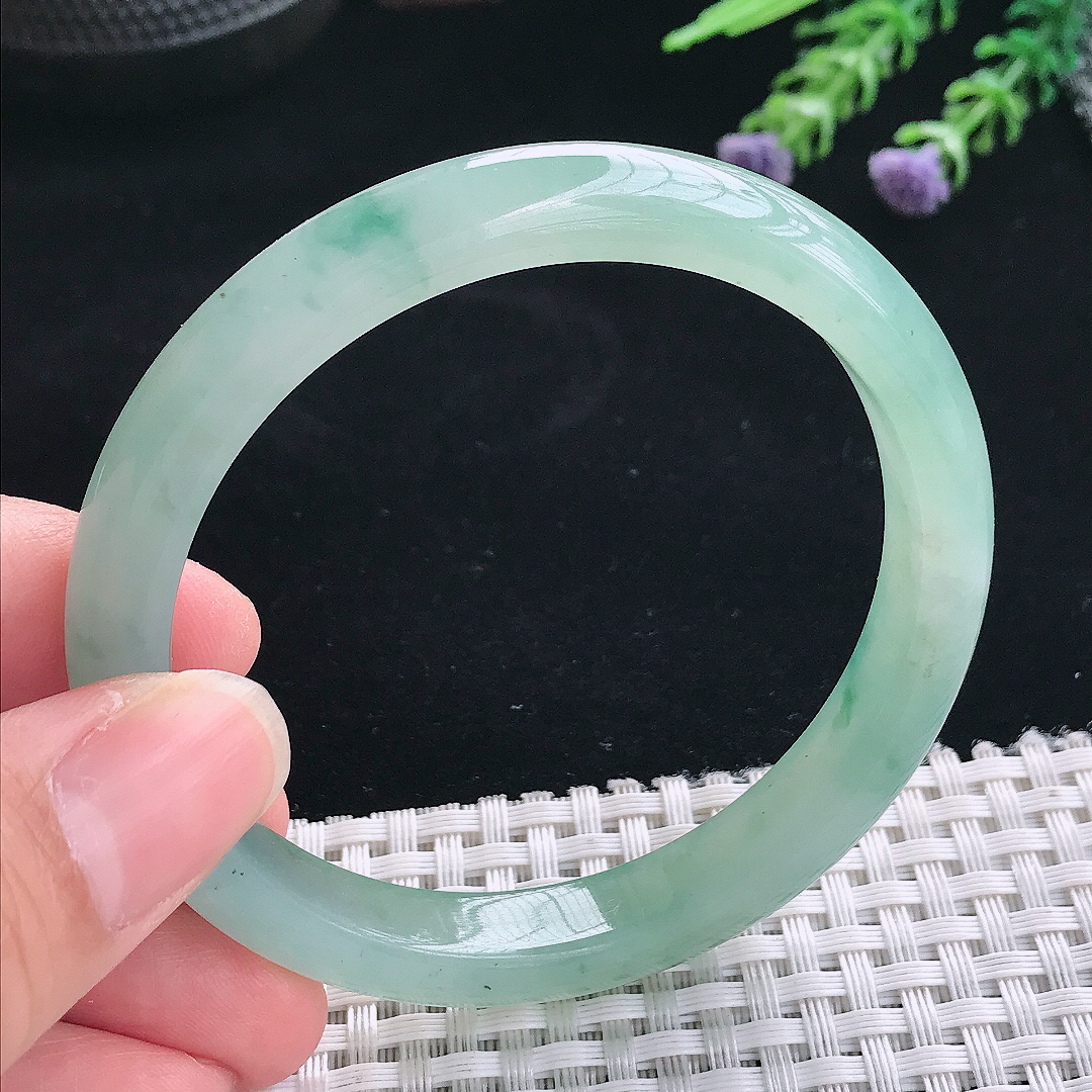 实拍A货翡翠57.5/9.6/7.5老坑冰胶水灵晴绿手镯翡翠玉镯手环