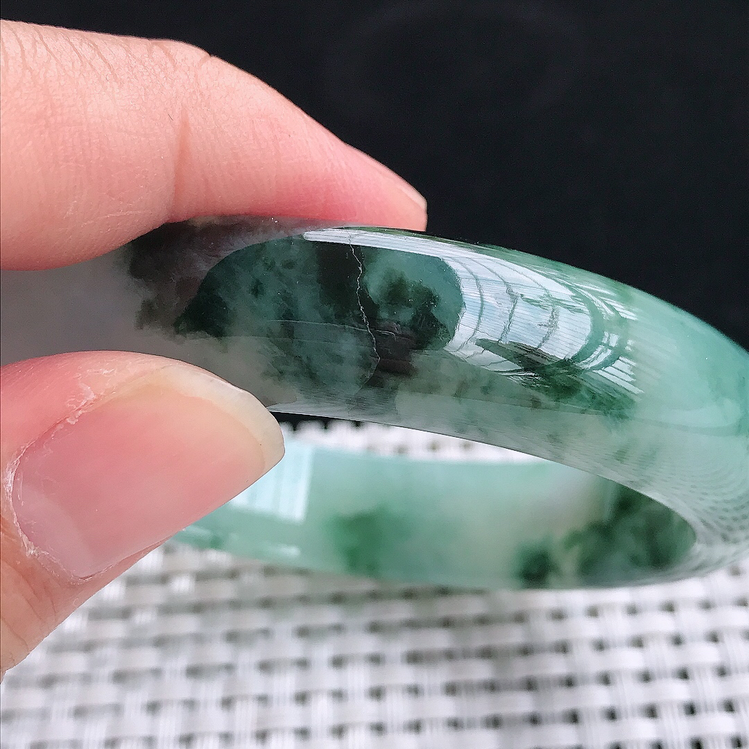 实拍A货翡翠60/14.2/9老坑冰润起胶飘花手镯翡翠玉镯手环