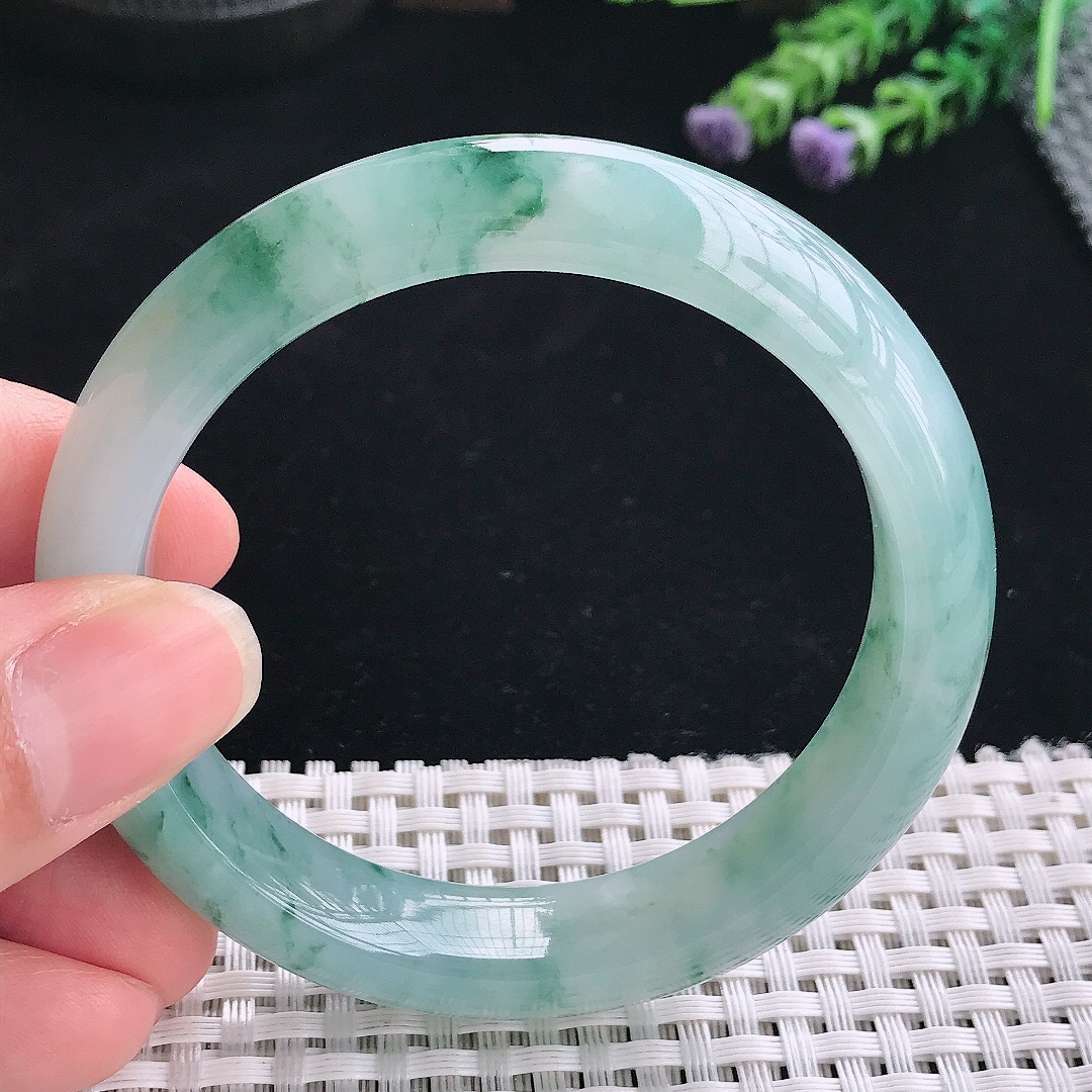 实拍A货翡翠55.5/12.8/8.6老坑精美冰润冰飘花手镯翡翠玉镯手环