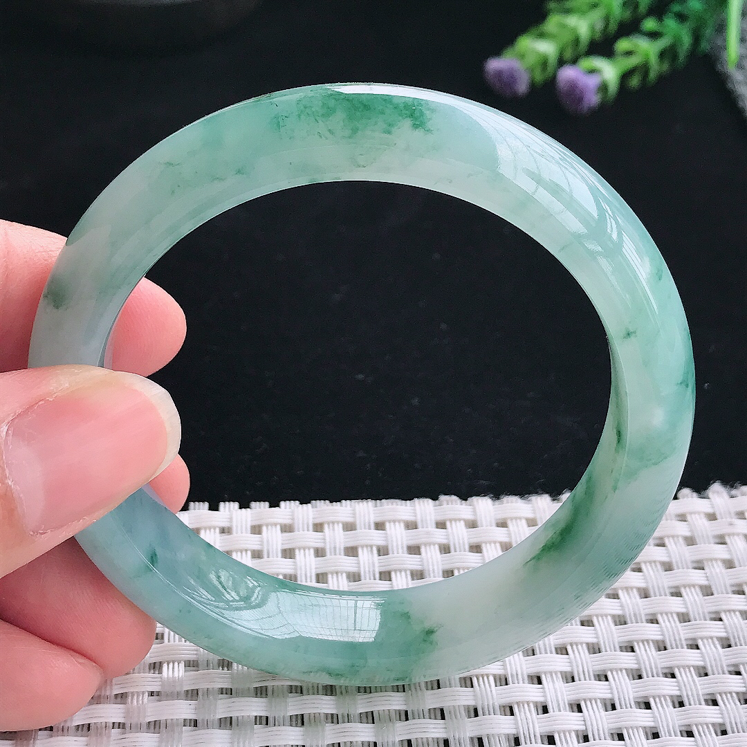 实拍A货翡翠55.5/12.8/8.6老坑精美冰润冰飘花手镯翡翠玉镯手环