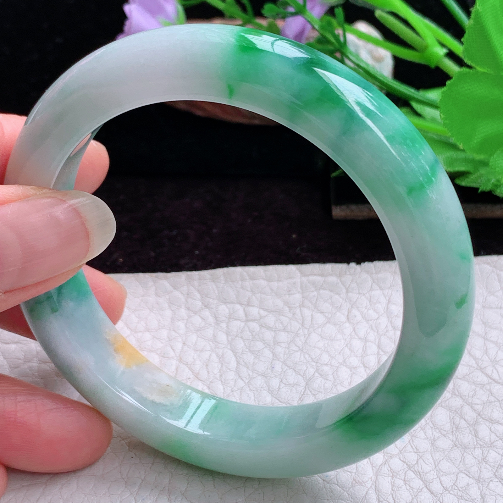 h实拍57*12.5*9.2平安镯 天然缅甸翡翠手镯三彩厚装正圈玉镯子