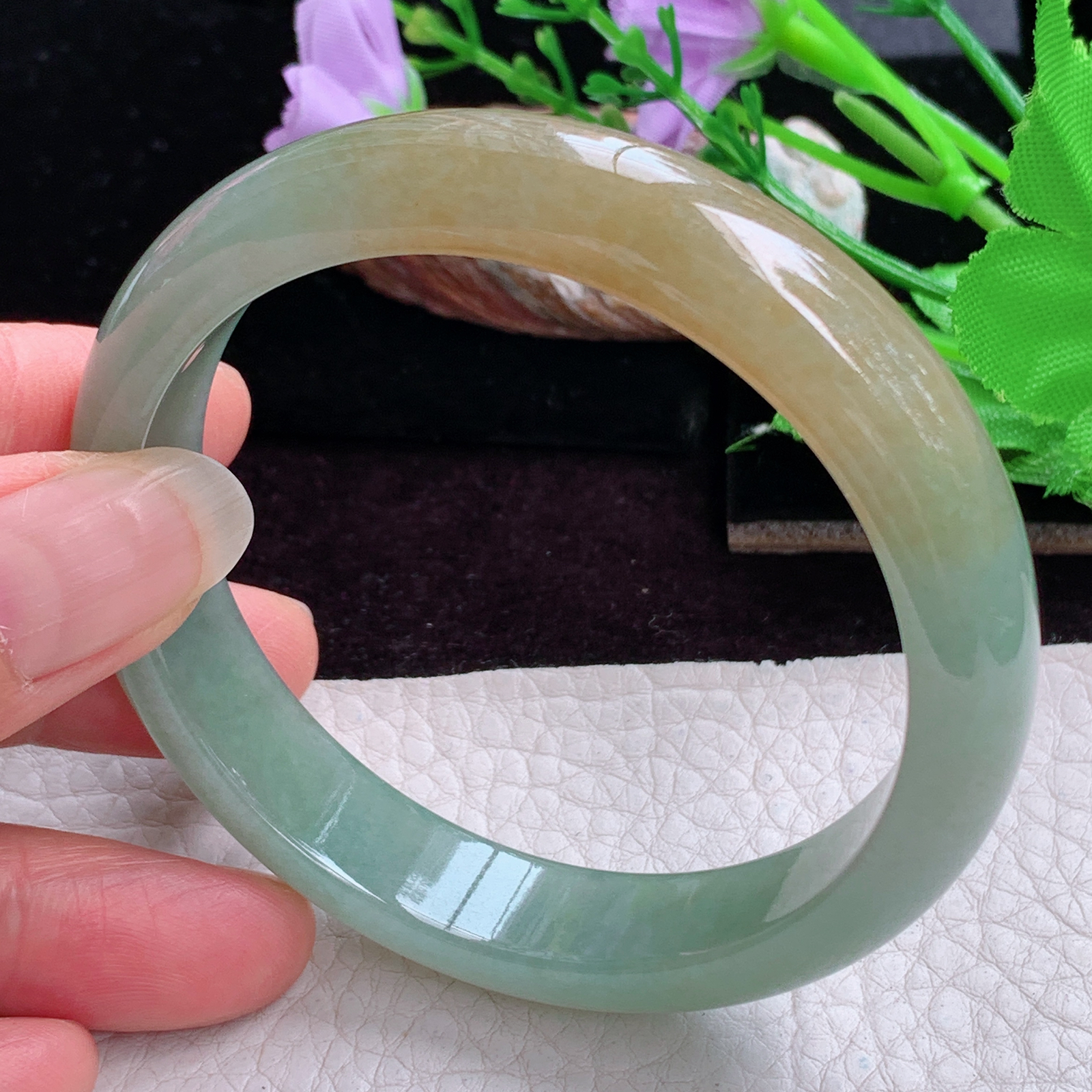 h实拍57.5*12.2*7.3招财镯 特色天然缅甸翡翠手镯冰双彩正圈玉镯子