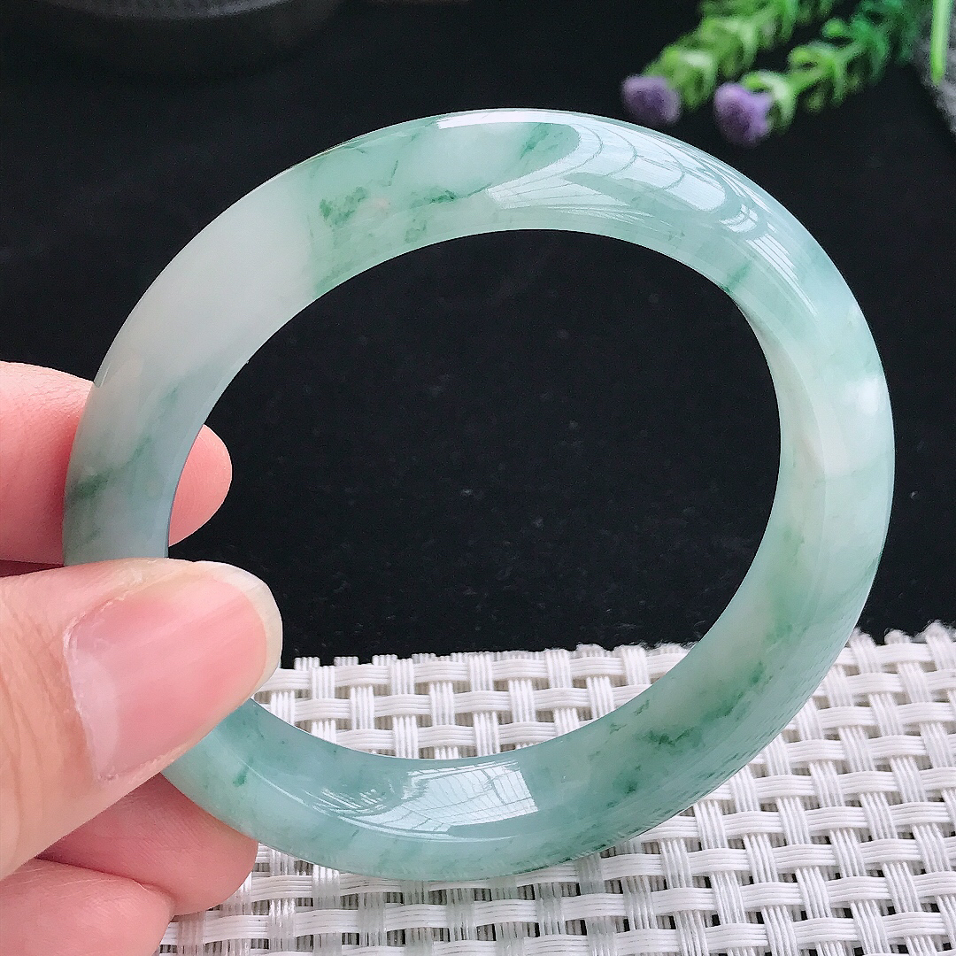 实拍A货翡翠55.5/12.8/8.6老坑精美冰润冰飘花手镯翡翠玉镯手环