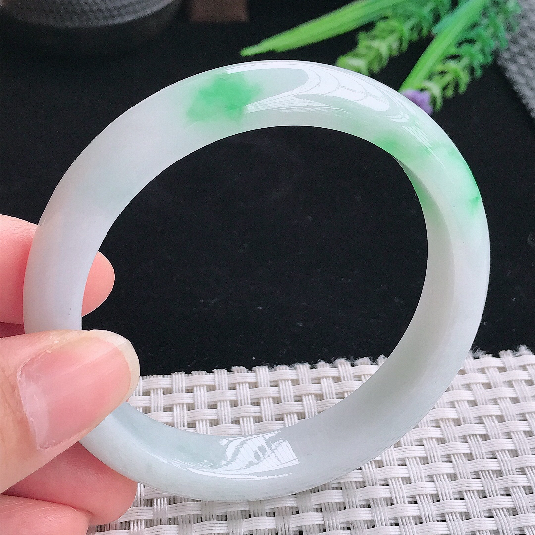 实拍A货翡翠59.8/12.9/8.3老坑冰润白底青手镯飘阳绿翡翠玉镯手环