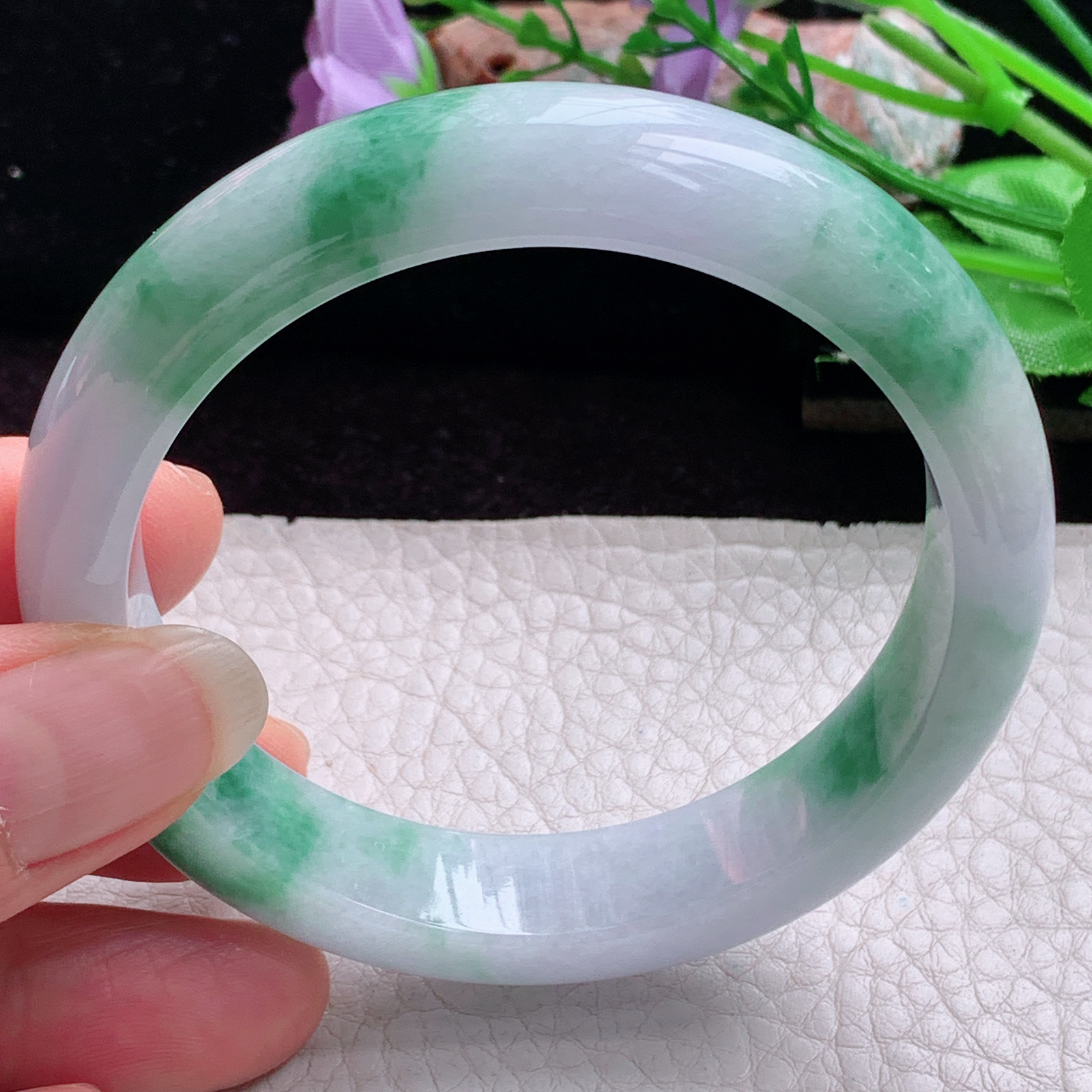 hy实拍56*13*8平安镯 天然缅甸翡翠手镯胶感飘花正圈玉镯子