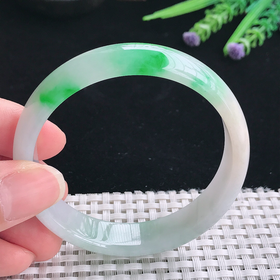 实拍A货翡翠58/13.7/6.5老坑精美飘阳绿手镯翡翠玉镯手环