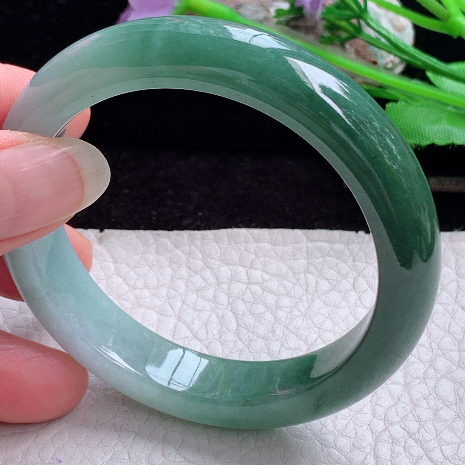 js实拍53.6*12*8.2招财镯 天然缅甸翡翠手镯双彩正圈玉镯子