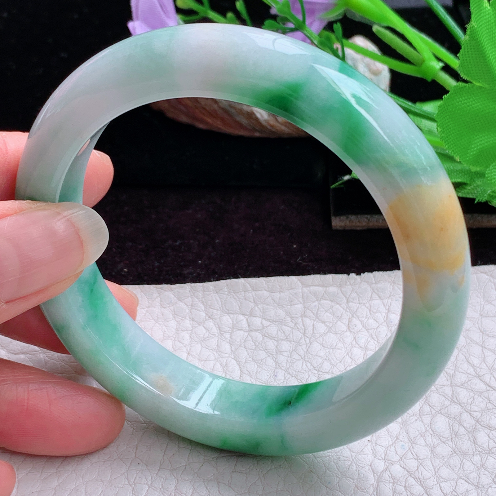 h实拍57*12.5*9.2平安镯 天然缅甸翡翠手镯三彩厚装正圈玉镯子