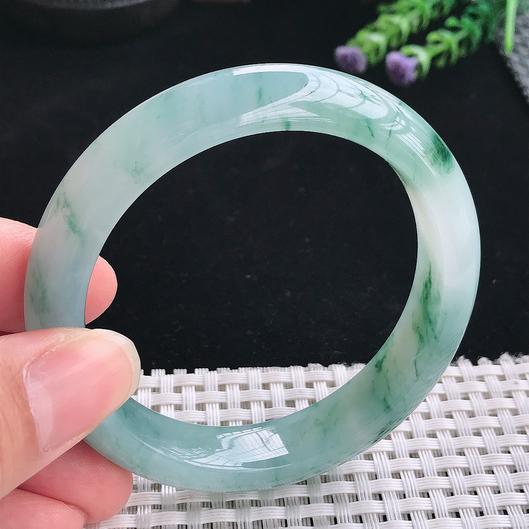 实拍A货翡翠55.5/12.8/8.6老坑精美冰润冰飘花手镯翡翠玉镯手环