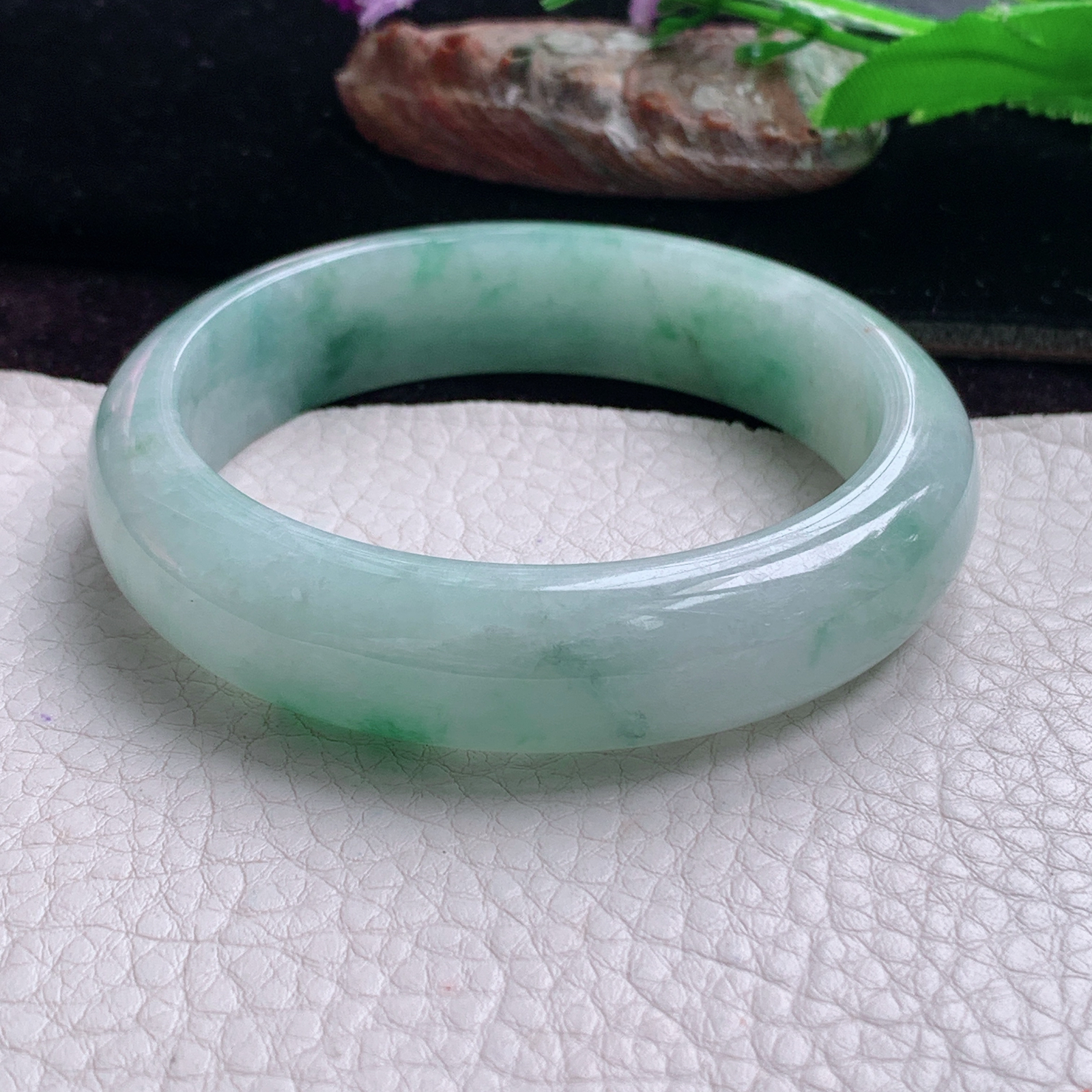 hy实拍57.8*14.5*8.3平安镯 天然缅甸翡翠手镯胶感飘花正圈玉镯子