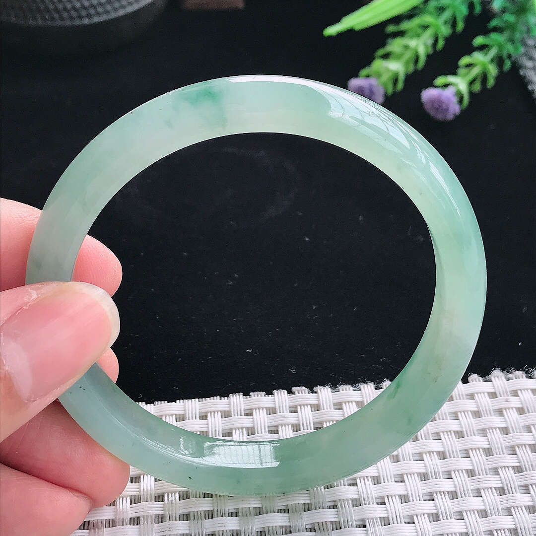 实拍A货翡翠57.5/9.6/7.5老坑冰胶水灵晴绿手镯翡翠玉镯手环