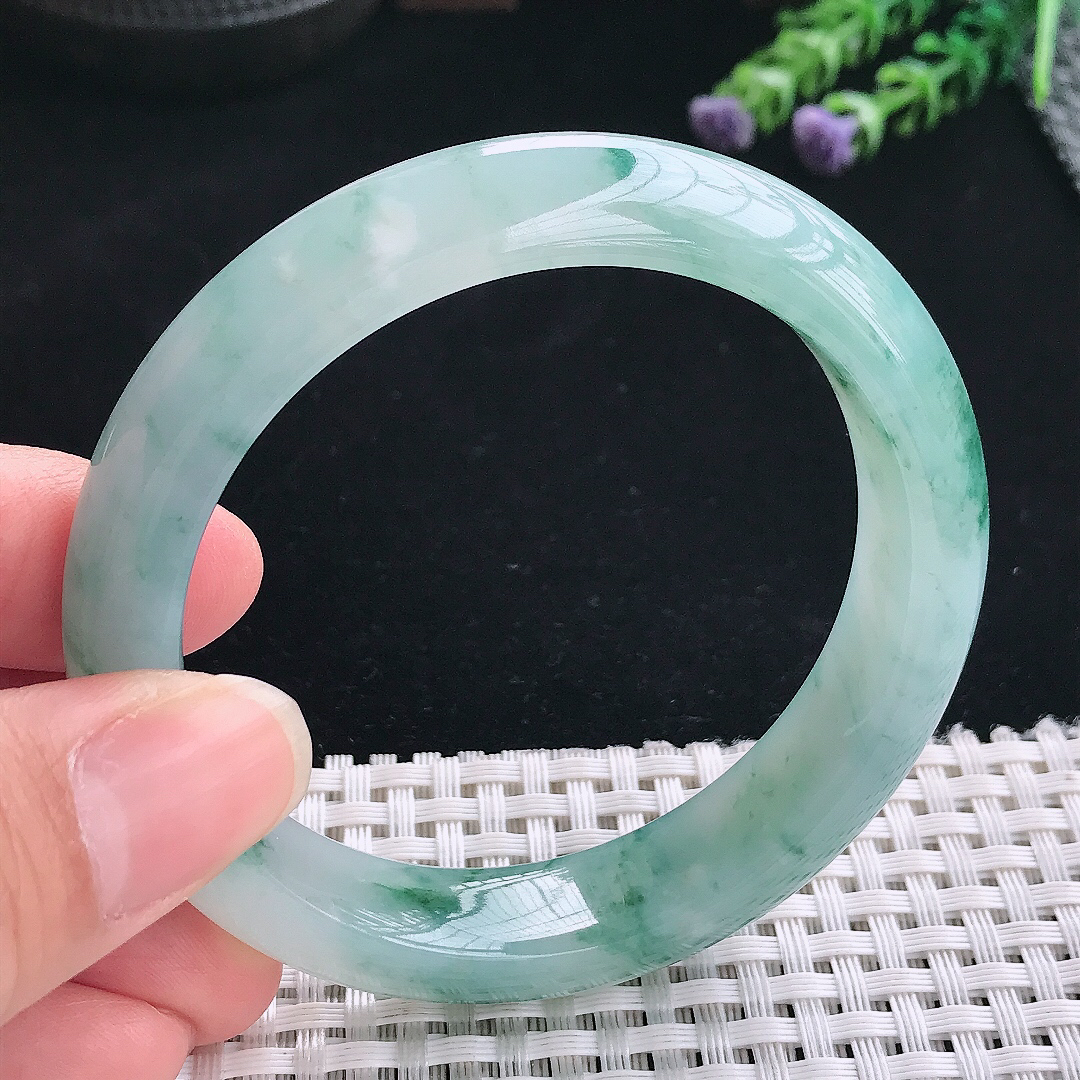 实拍A货翡翠55.5/12.8/8.6老坑精美冰润冰飘花手镯翡翠玉镯手环